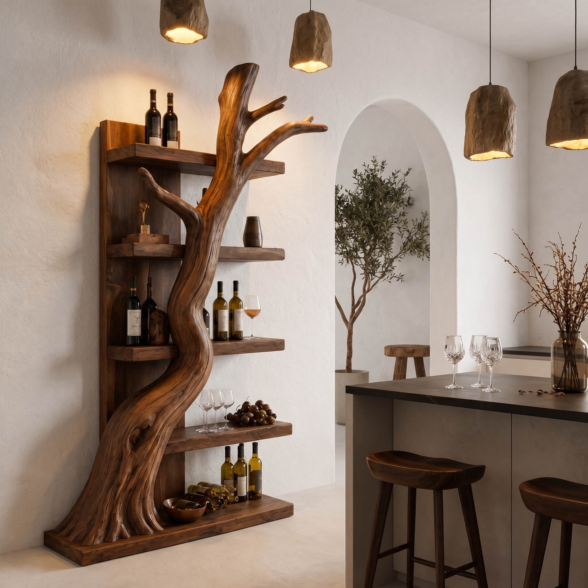 Rustic Tree Wine Rack With Solid Wood Shelves And Sculptural Root Base For Home Bar