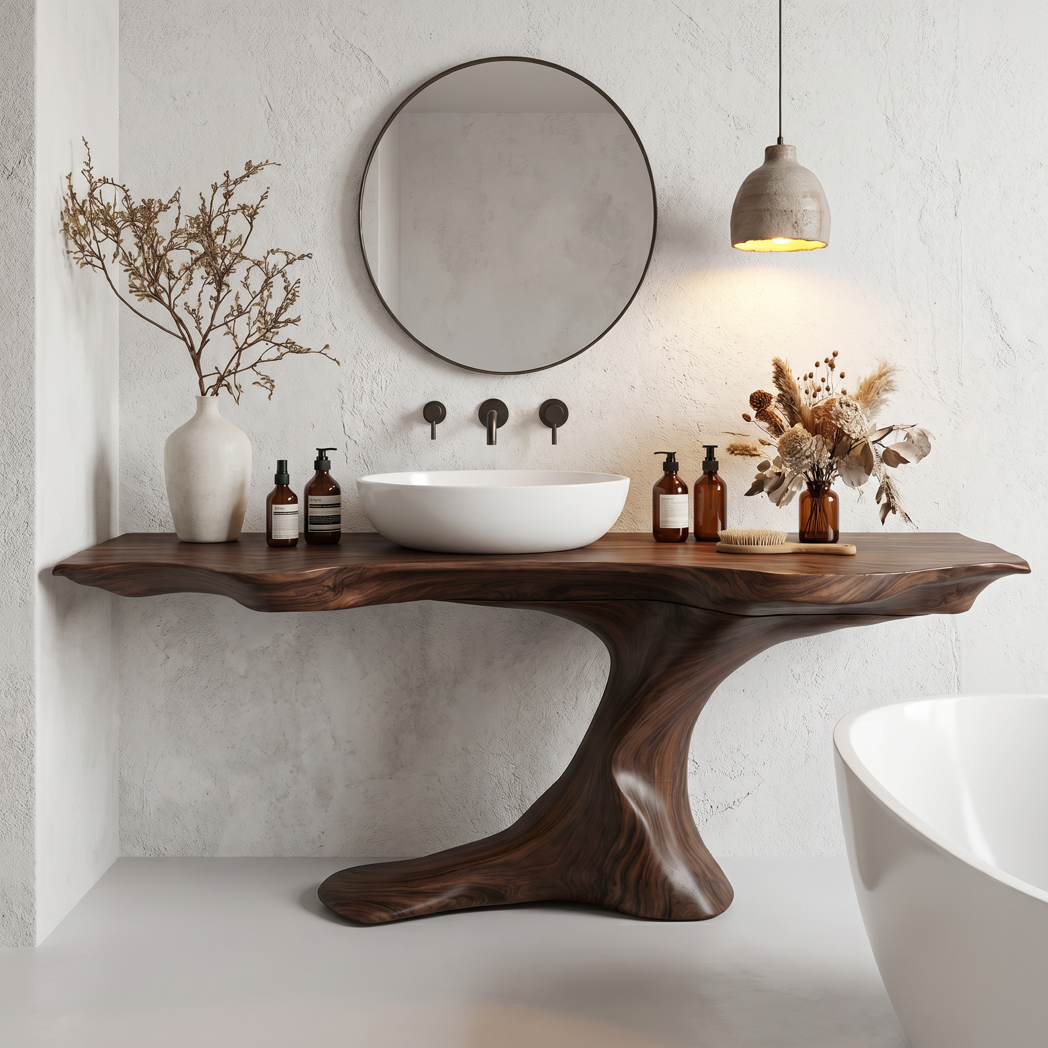 Rustic Organic Bathroom Vanity With Live Edge Countertop And Sculptural Tree Root Base