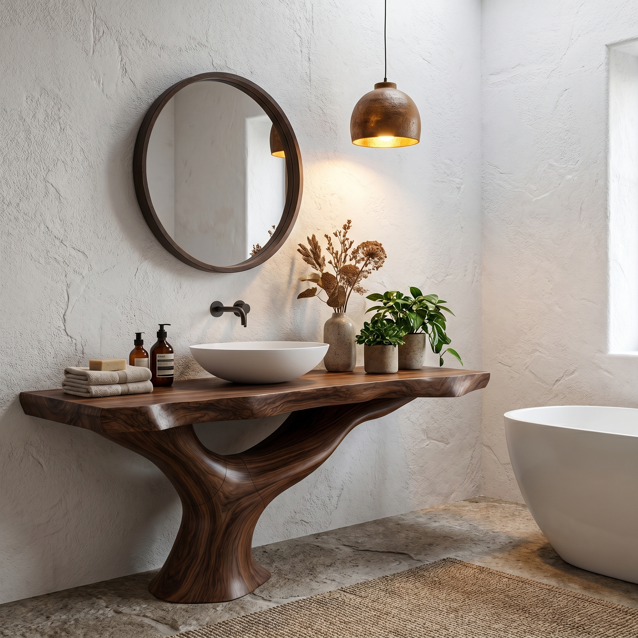 Contemporary Bathroom Vanity With Organic Wood Countertop And Artistic Base For Bathroom