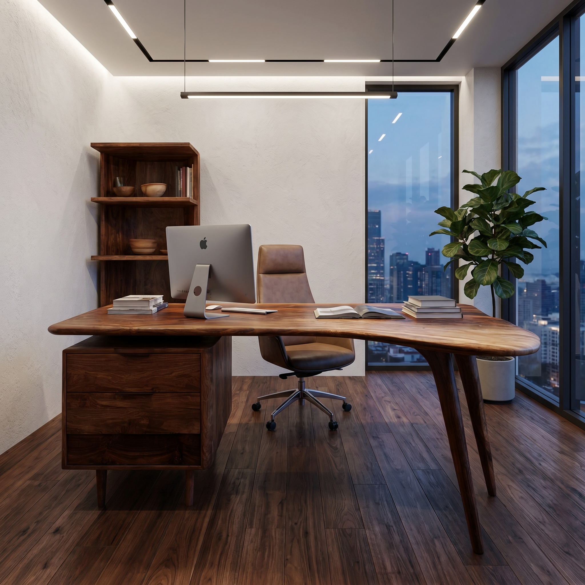 Organic Wooden Desk With Integrated Side Shelves And Built In Drawer Storage For Home Office And Workspace