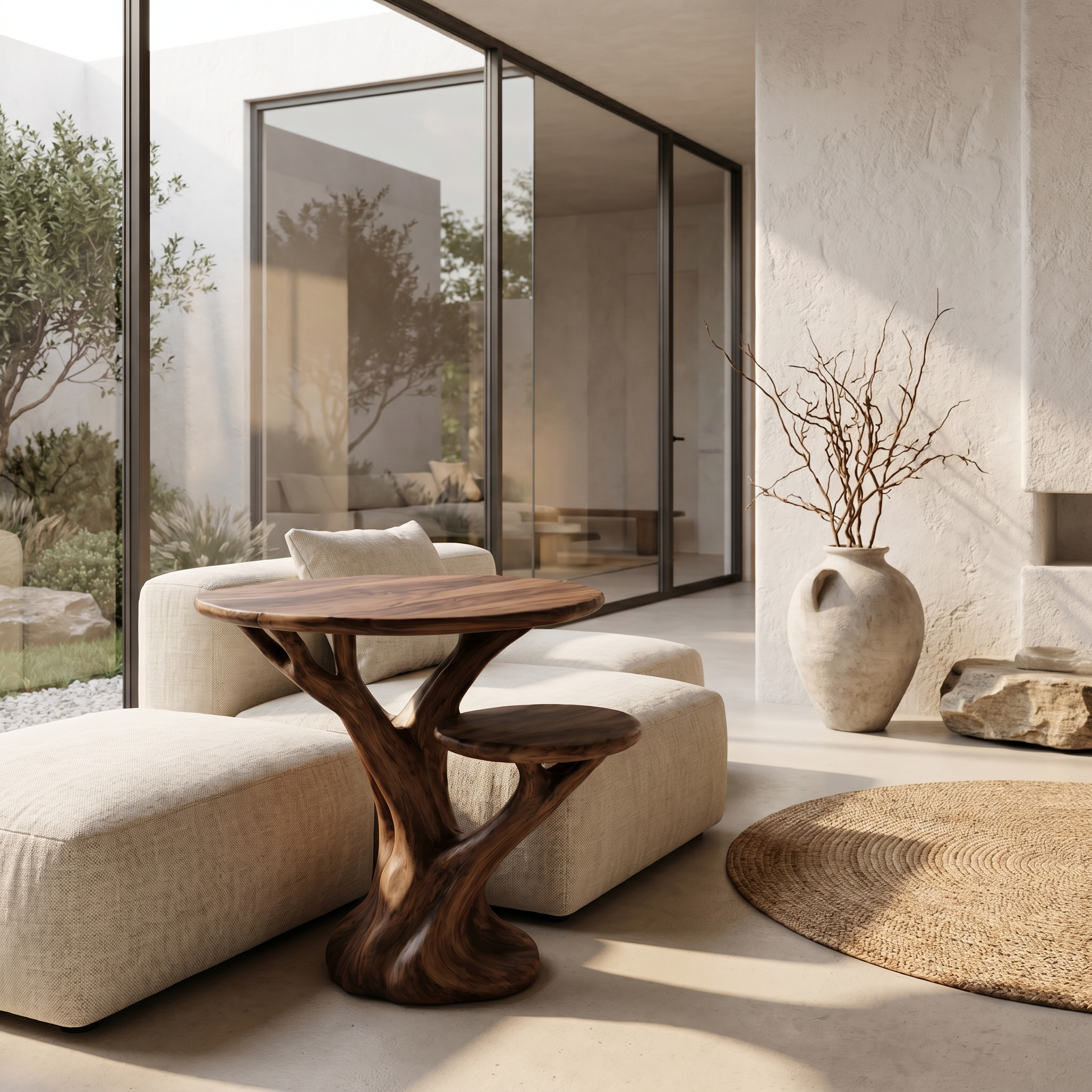 Organic Sculptural Side Table With Tree Inspired Solid Wood Base For Living Room And Bedroom