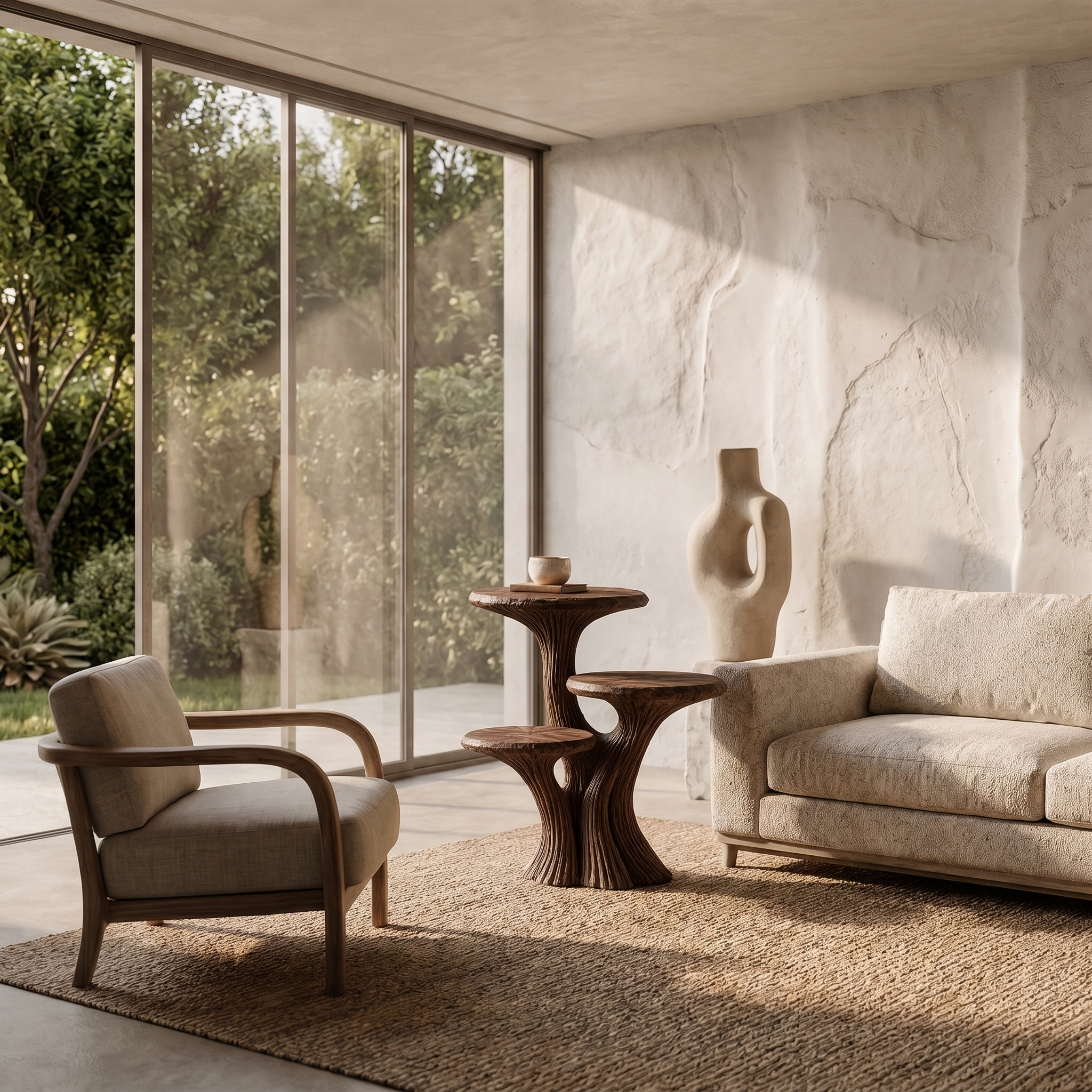 Contemporary Tiered Side Table With Sculptural Solid Wood Design For Living Room And Bedroom