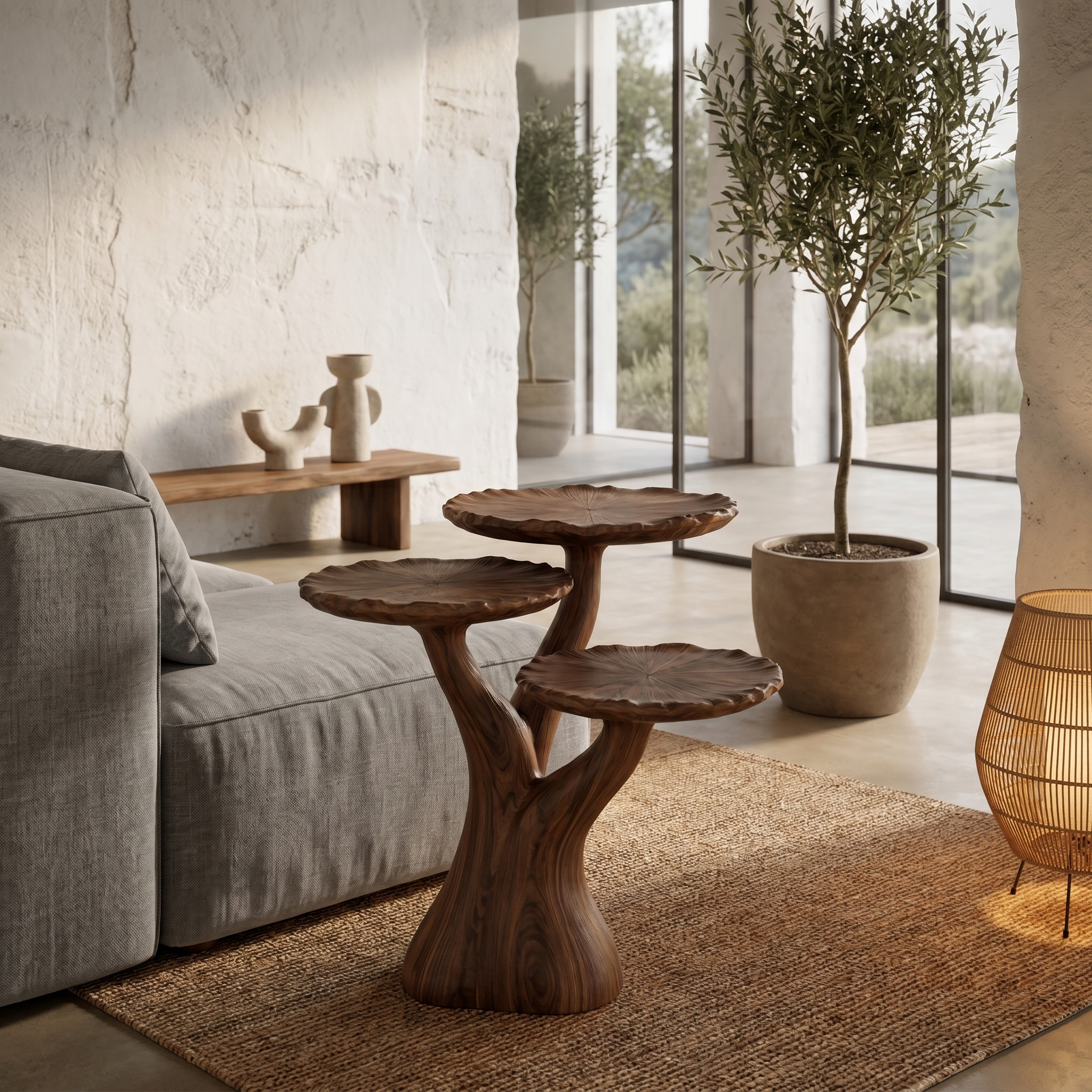 Organic Sculptural Side Table With Multi Tier Solid Wood Shelves For Living Room And Bedroom