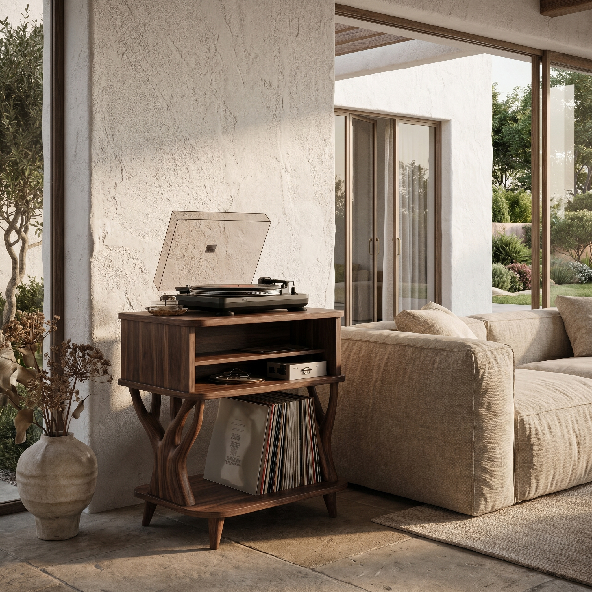 Organic Record Player Stand With Built In Drawer Storage And Vinyl Shelf For Living Room