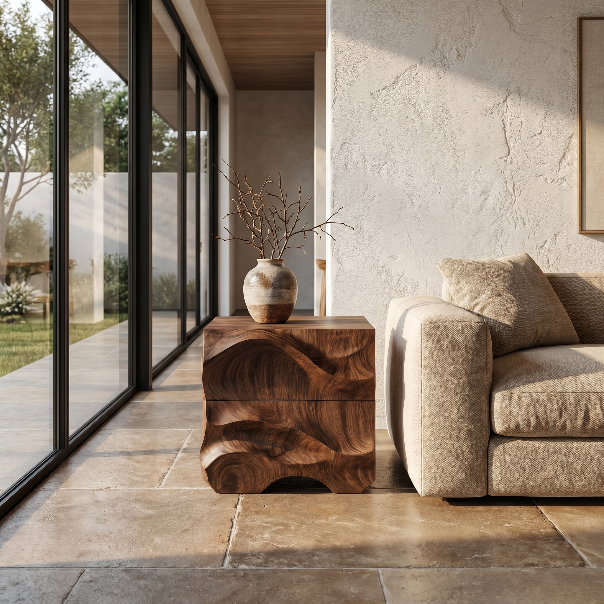 Rustic Sculptural Side Table With Hand Carved Solid Wood Base For Living Room And Bedroom