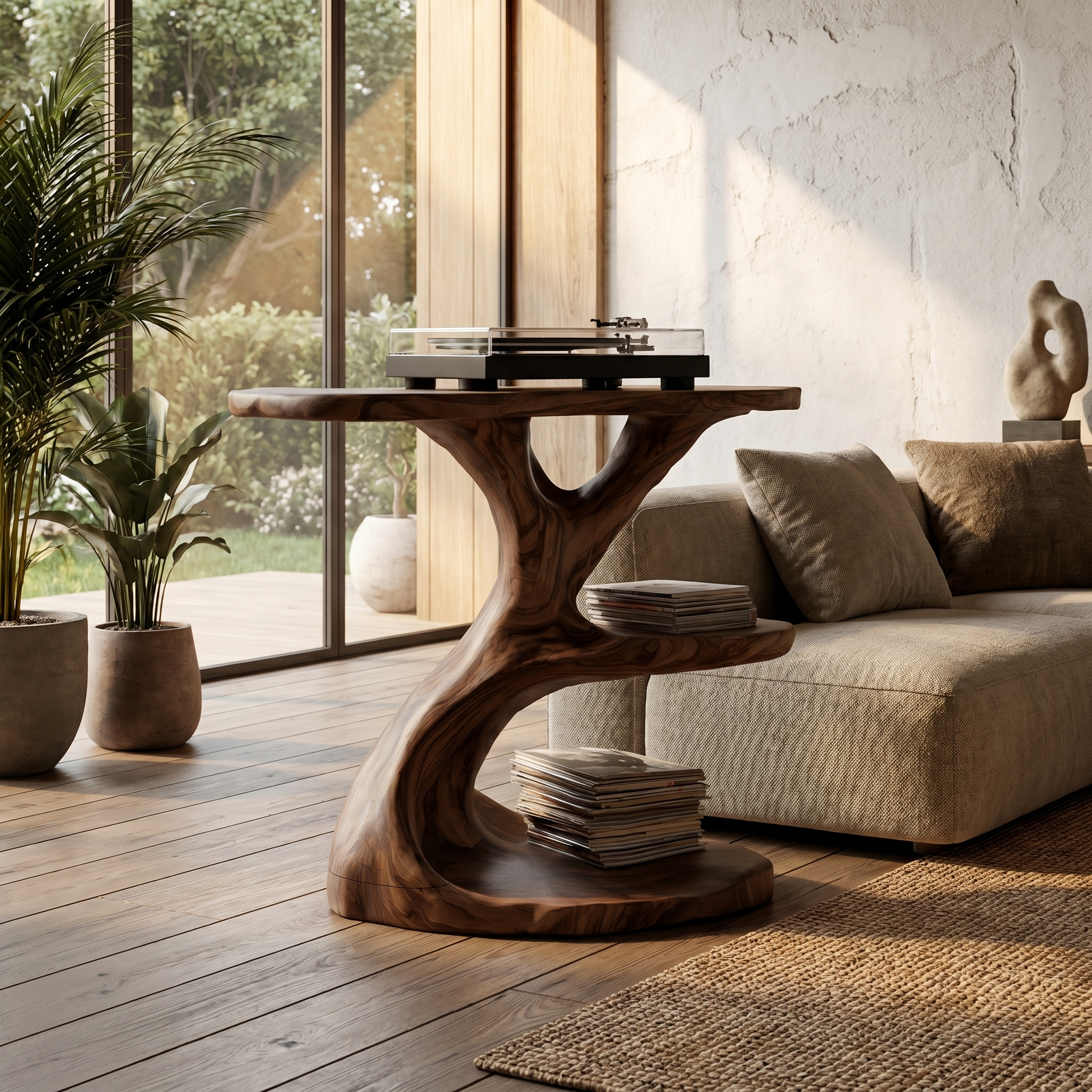 Modern Organic Side Table With Multi Level Wood Shelves For Living Room And Bedroom