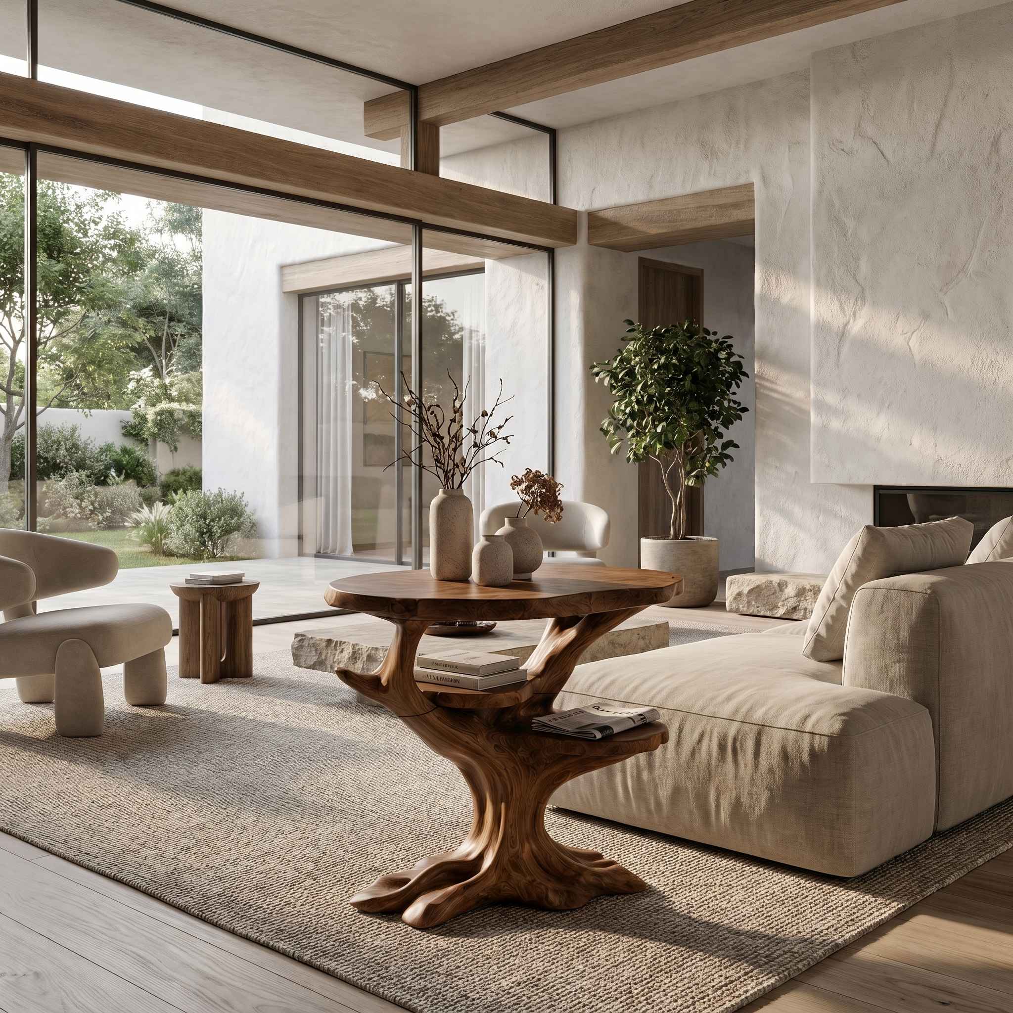 Organic Sculptural Side Table With Solid Wood Display Shelves For Living Room And Bedroom
