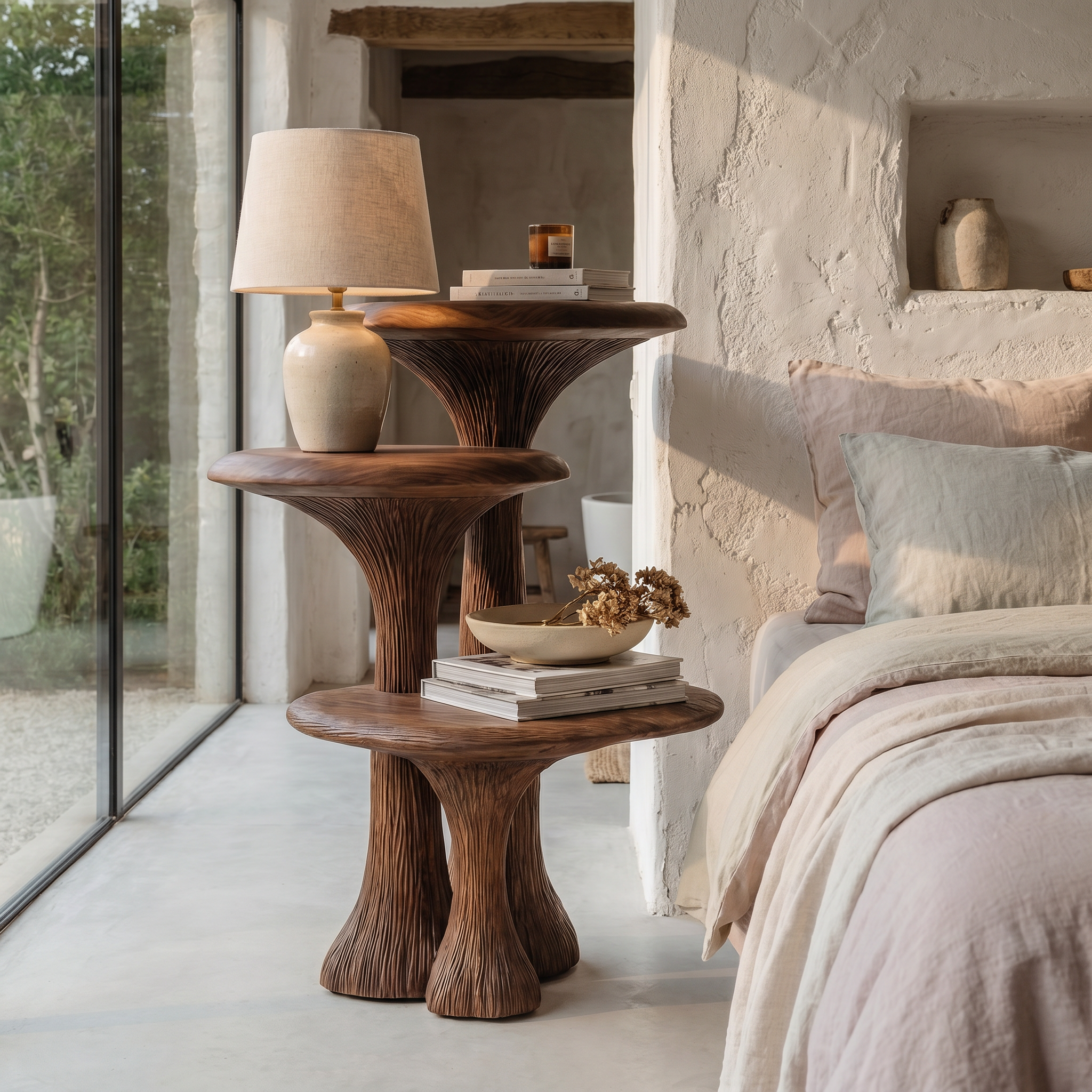 Organic Sculptural Nightstand With Multi Tier Solid Wood Shelves For Bedroom