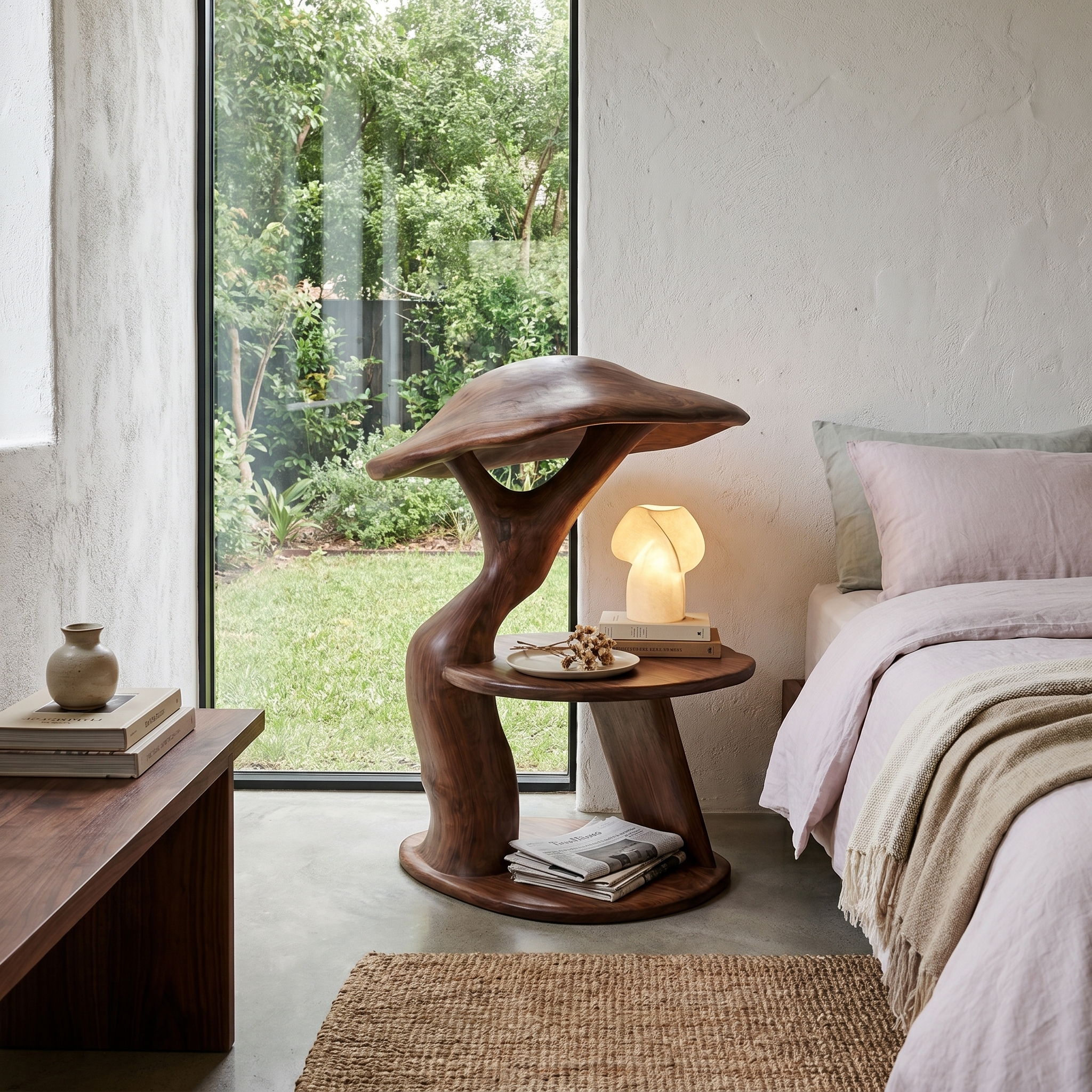 Organic Mushroom Nightstand With Sculptural Solid Wood Design And Vinyl Storage For Bedroom