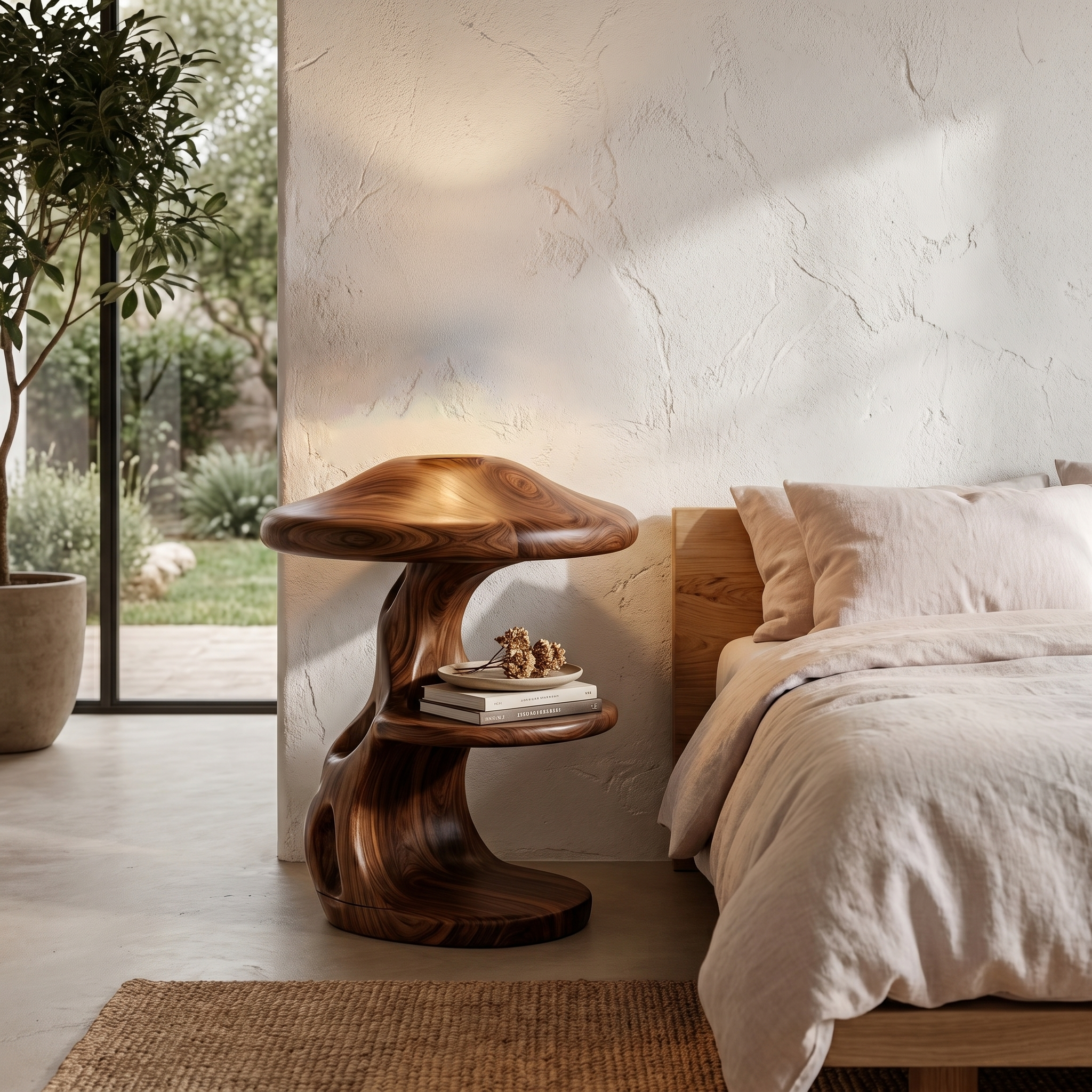 Rustic Mushroom Nightstand With Sculptural Tree Root Base And Built In Drawer For Bedroom
