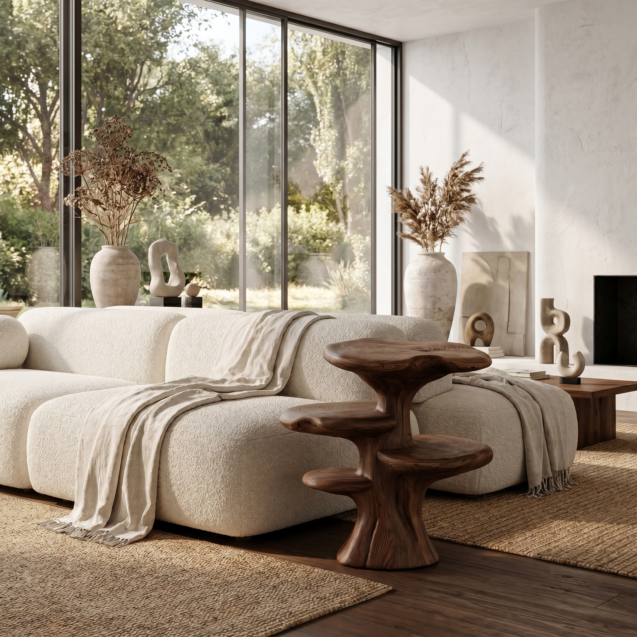 Organic Sculptural Beside Table With Tiered Solid Wood Shelves For Living Room
