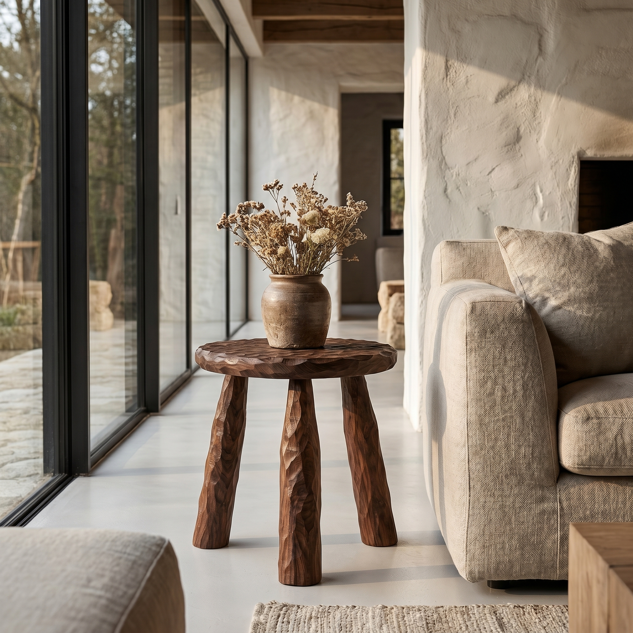 Rustic Side Table With Handcrafted Solid Wood Top And Chunky Pedestal Legs For Living Room And Bedroom