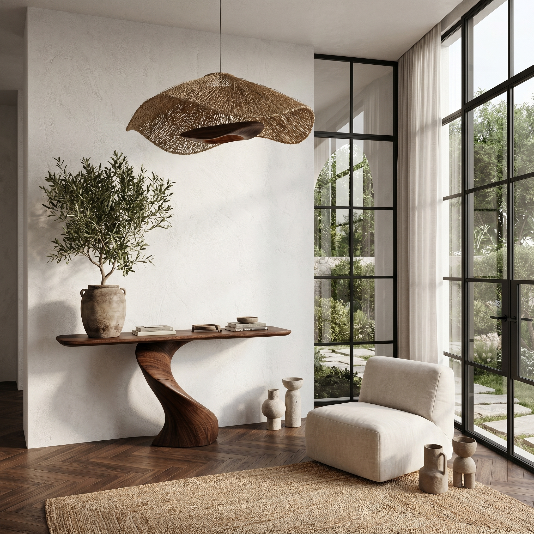 Modern Organic Console Table With Sculptural Twisted Solid Wood Base For Entryway And Living Room