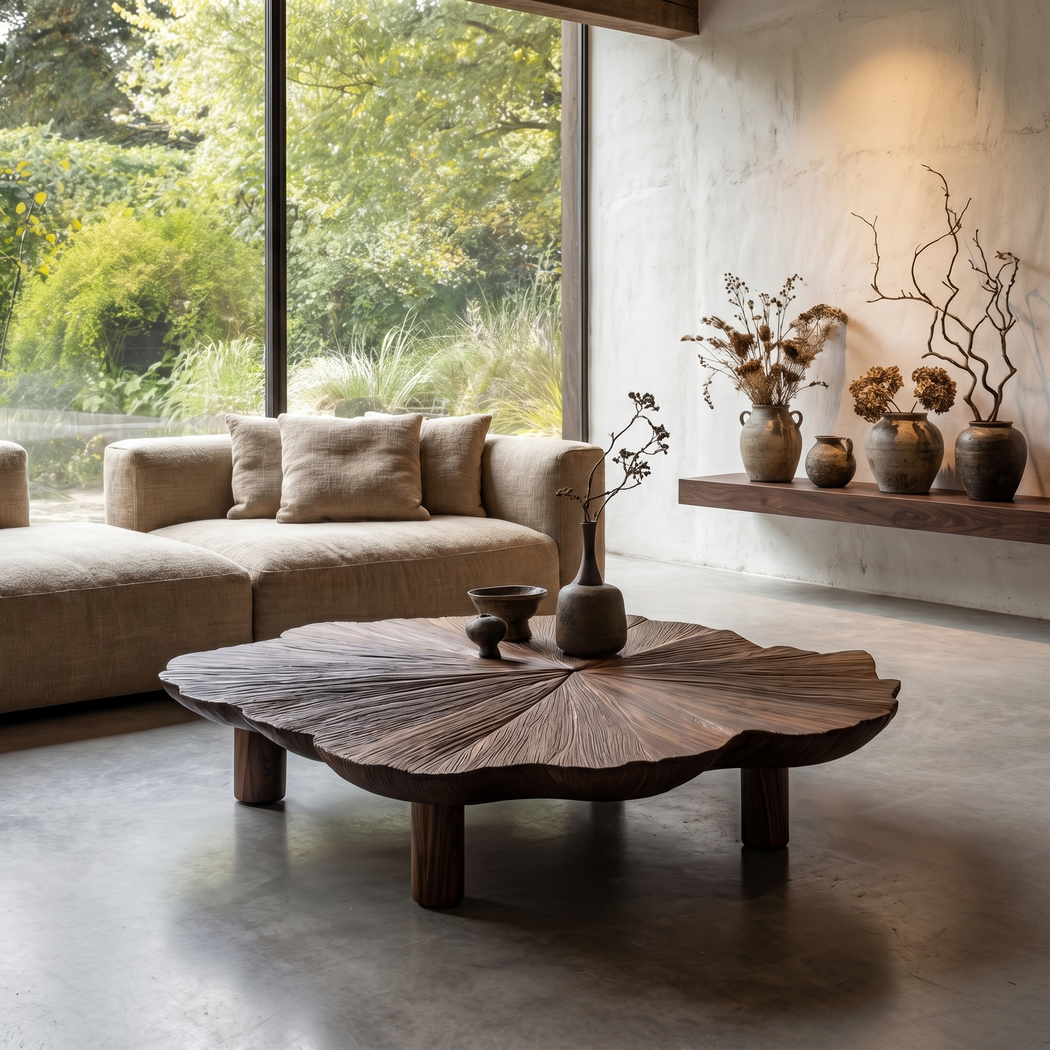 Organic Coffee Table With Hand Carved Solid Wood Design For Living Room
