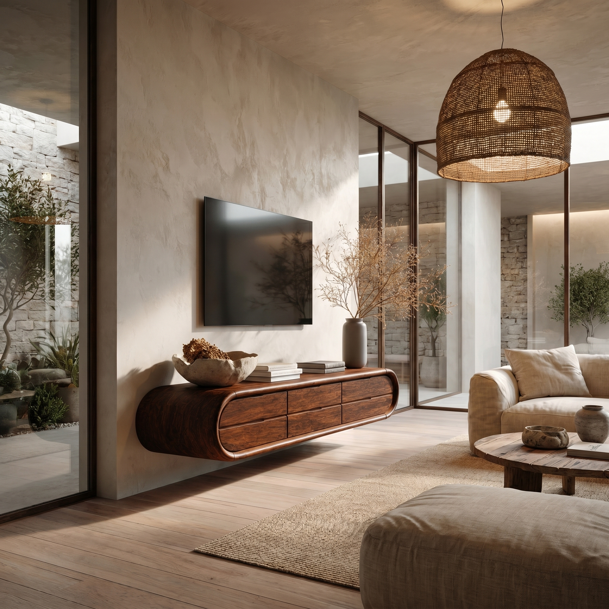 Organic Floating TV Cabinet With Sculptural Curved Wood Frame For Living Room