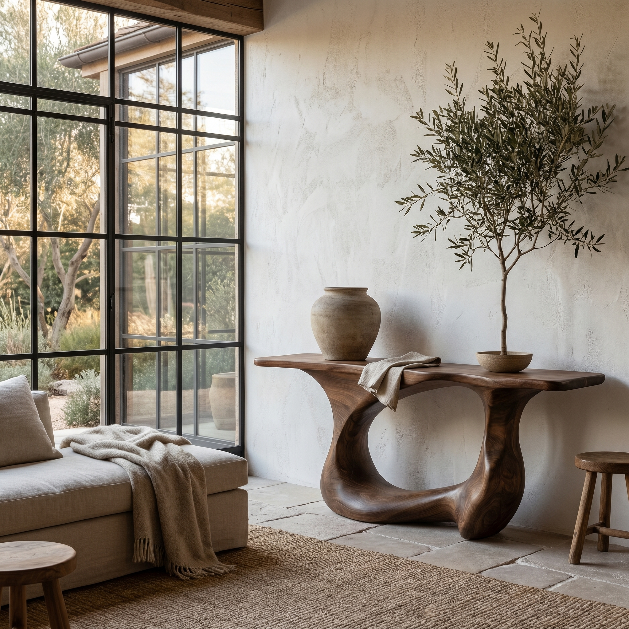 Contemporary Console Table With Artistic Open Loop Solid Wood Base For Living Room