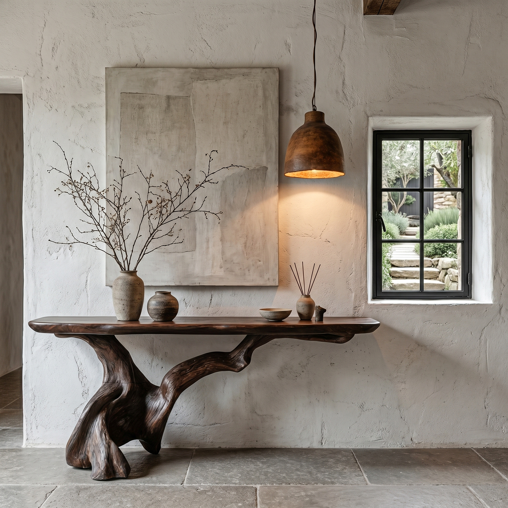 Organic Console Table With Sculptural Open Ring Wood Base For Entryway And Living Room