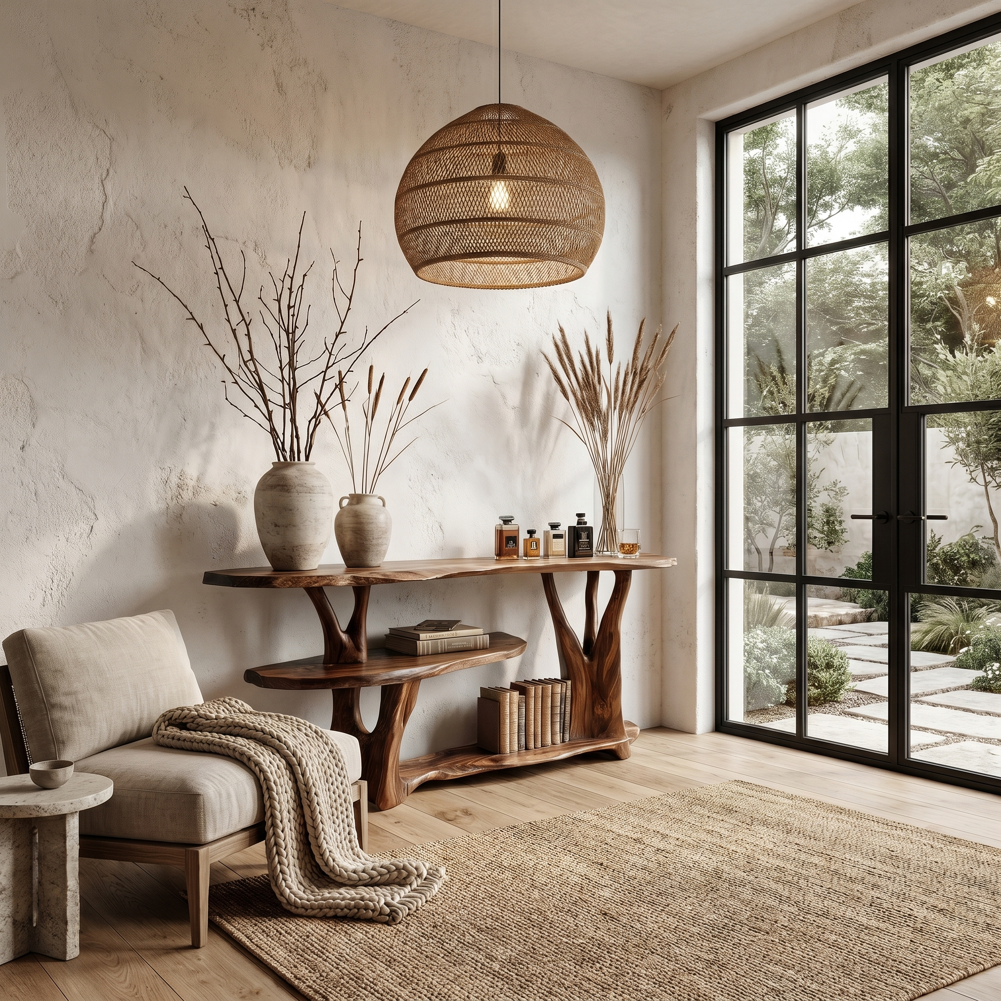 Organic Console Table With Sculptural Tree Root Base And Open Shelf Storage For Entryway And Living Room
