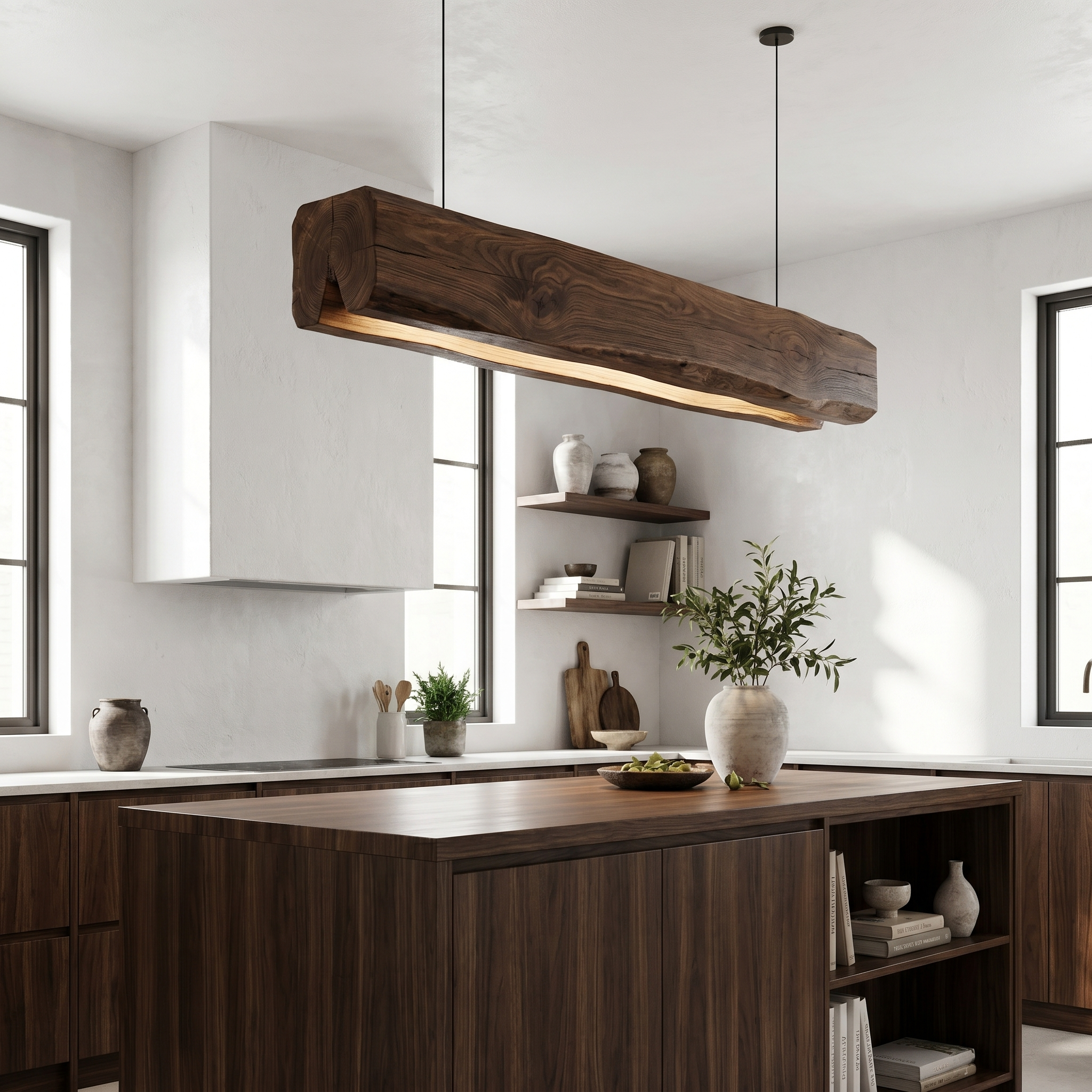 Organic Modern Pendant Light With Sculptural Wood Beam For Living Room And Kitchen