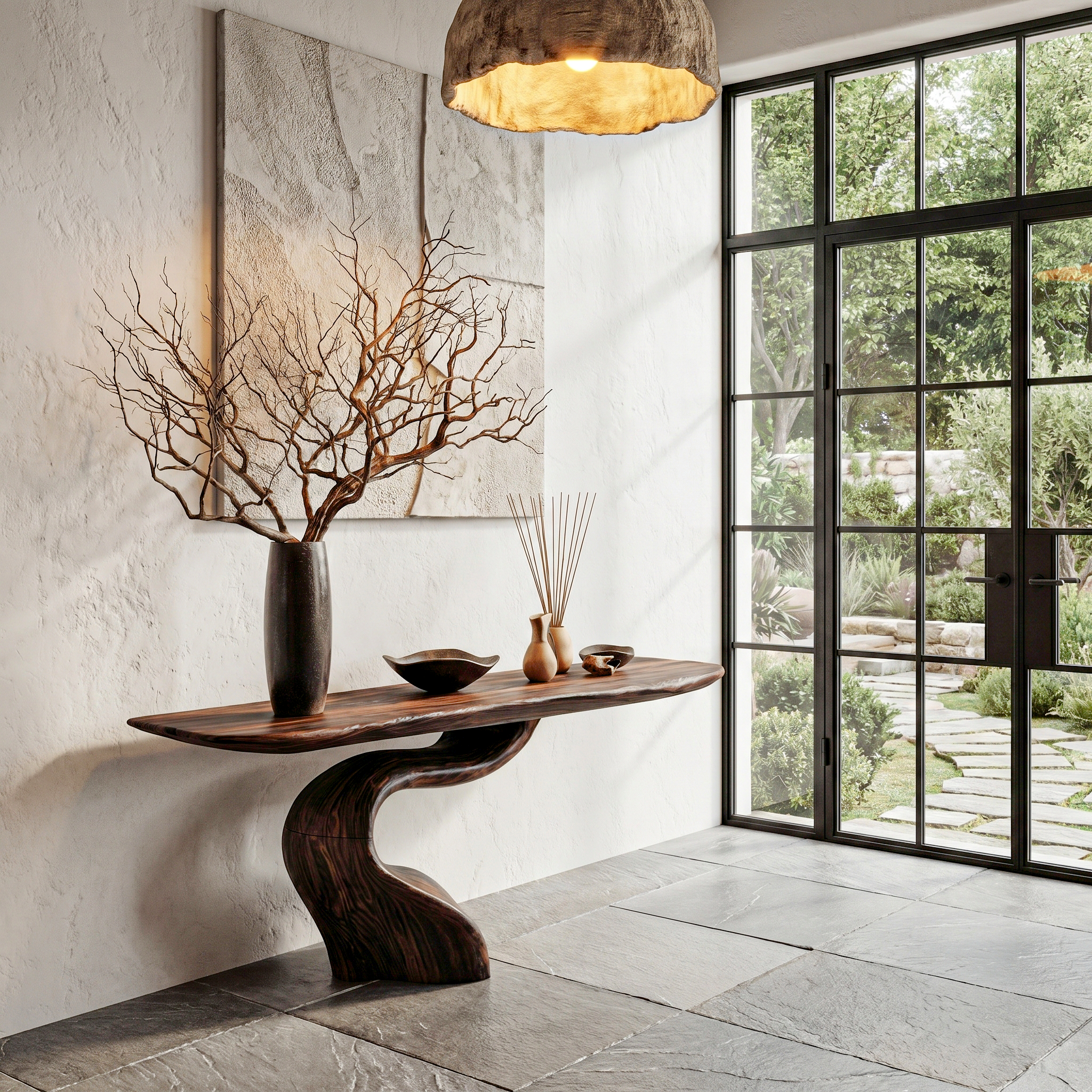 Organic Modern Console Table With Artistic Tree Root Base For Entryway