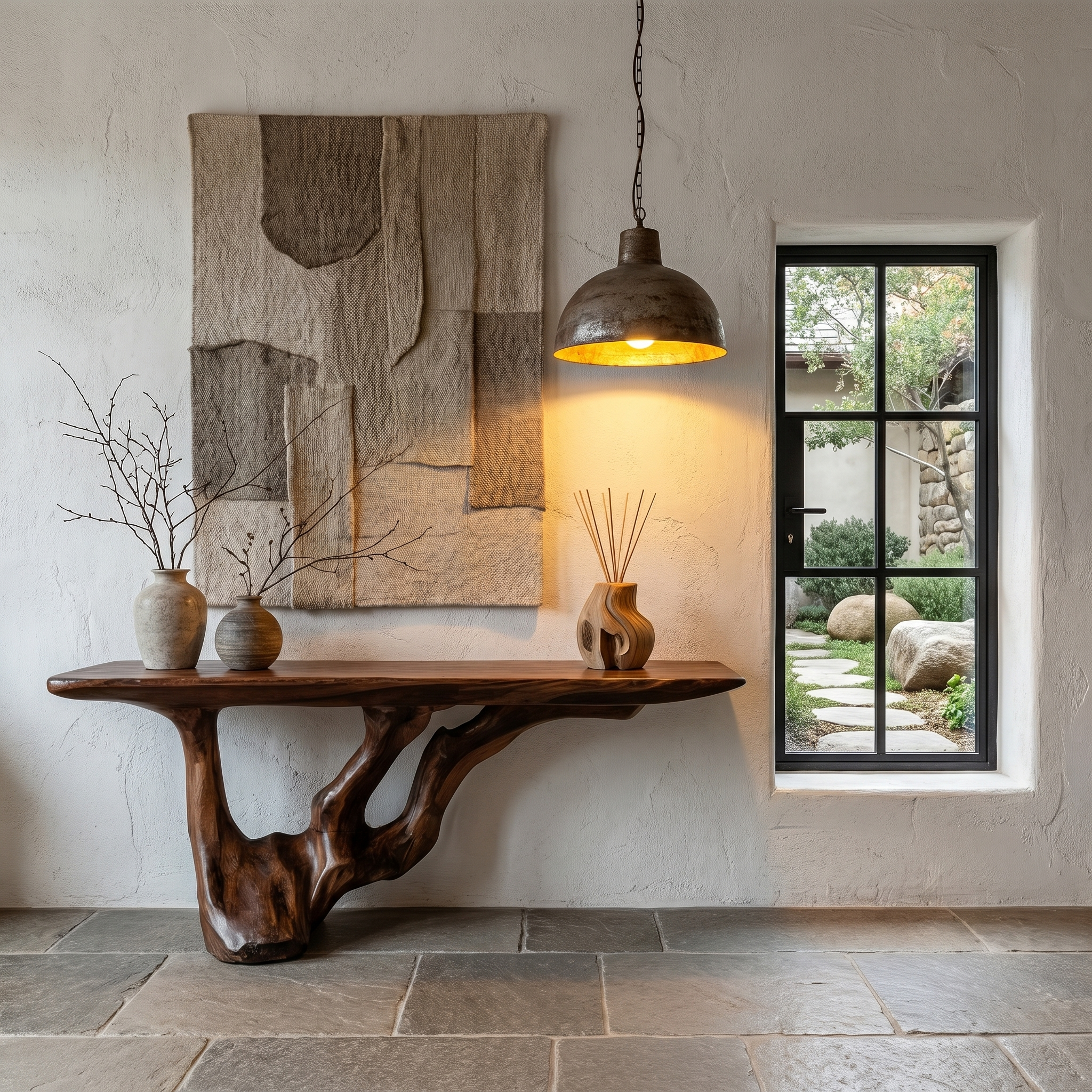 Rustic Console Table With Handcrafted Tree Root Base For Entryway And Living Room