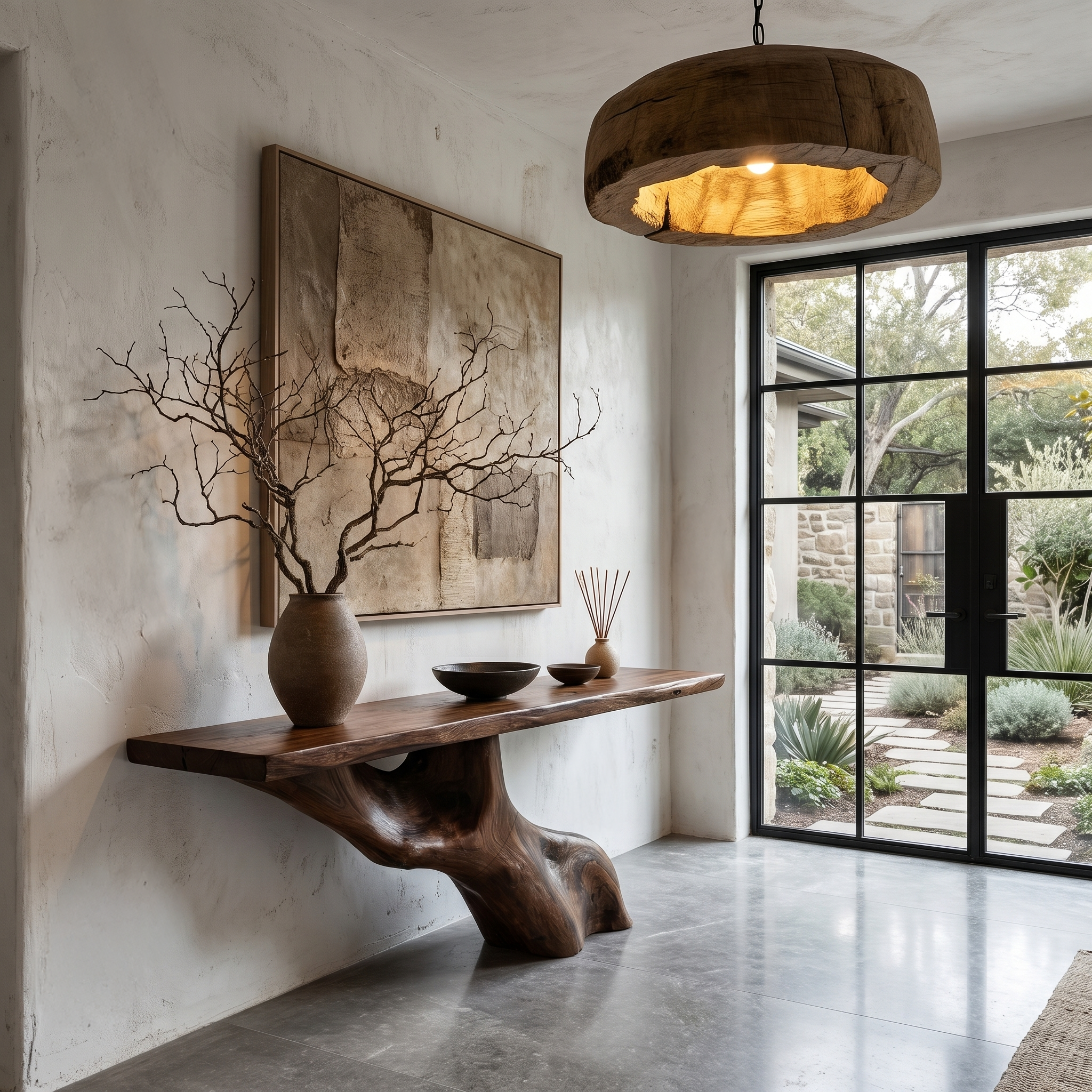 Tree Inspired Console Table With Live Edge Top And Root Base For Hallway