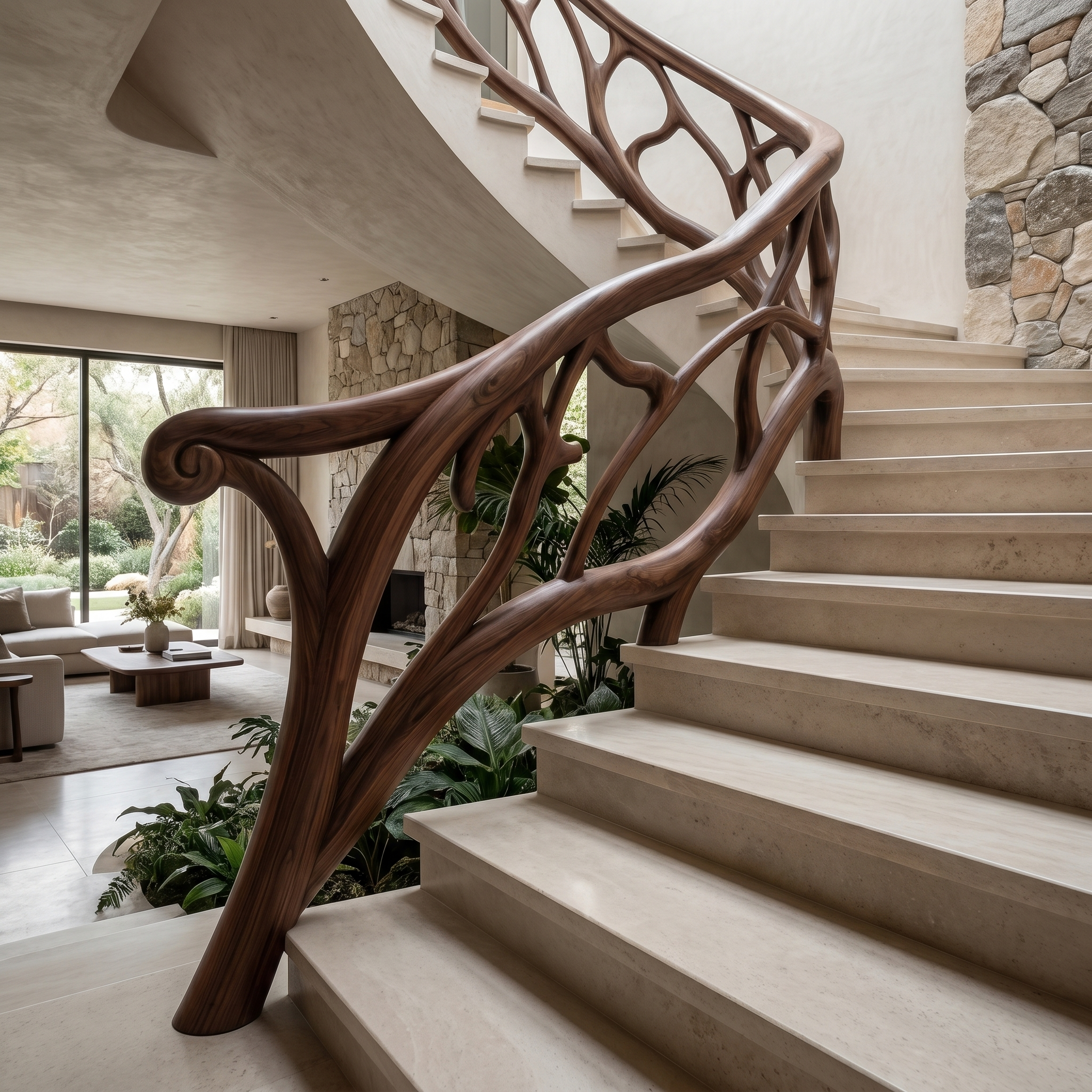 Artistic Tree Branch Stair Railing With Sculptural Wood Design For Interior Staircase