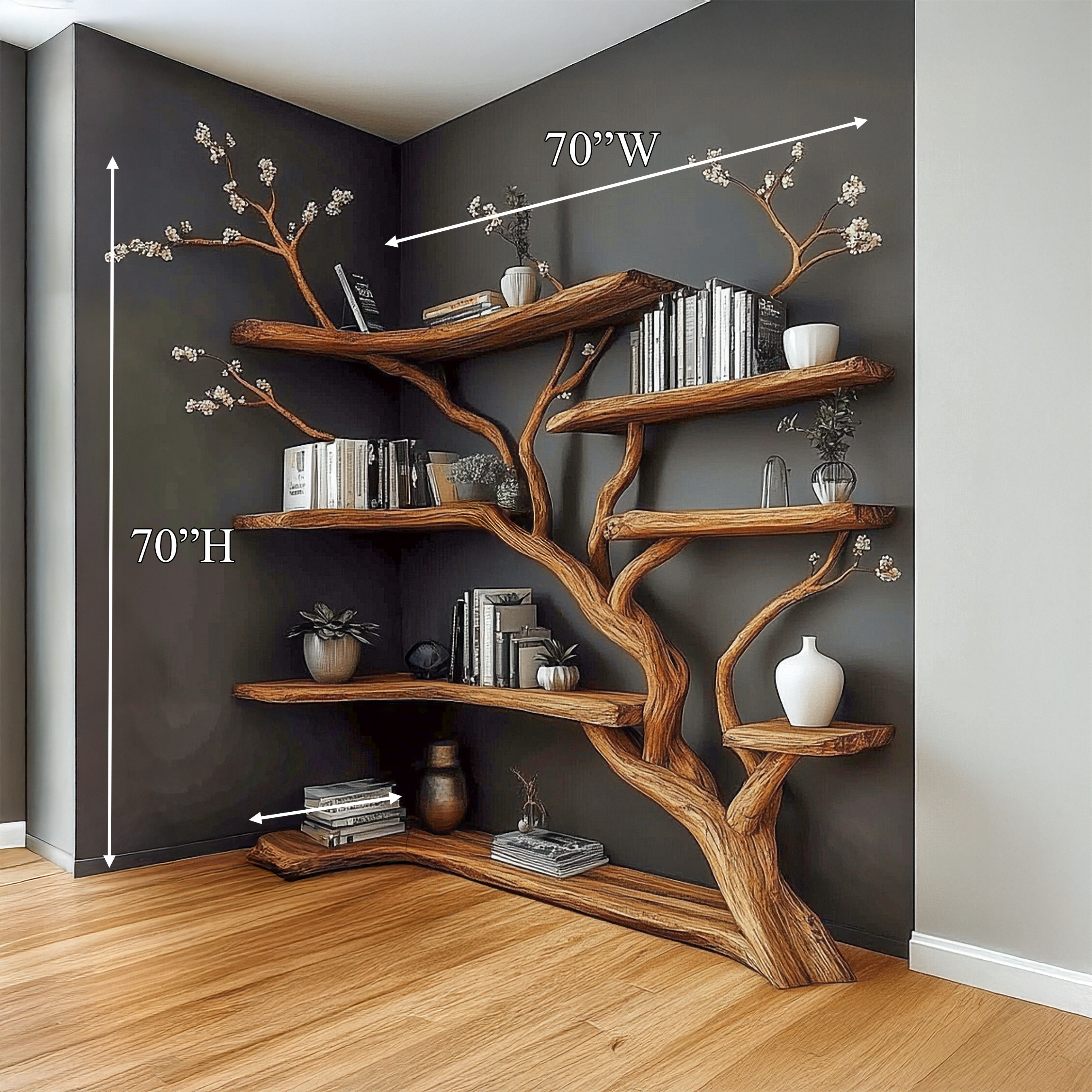 Handcrafted Tree Corner Storage Shelf Living Room Interior Feature Decor