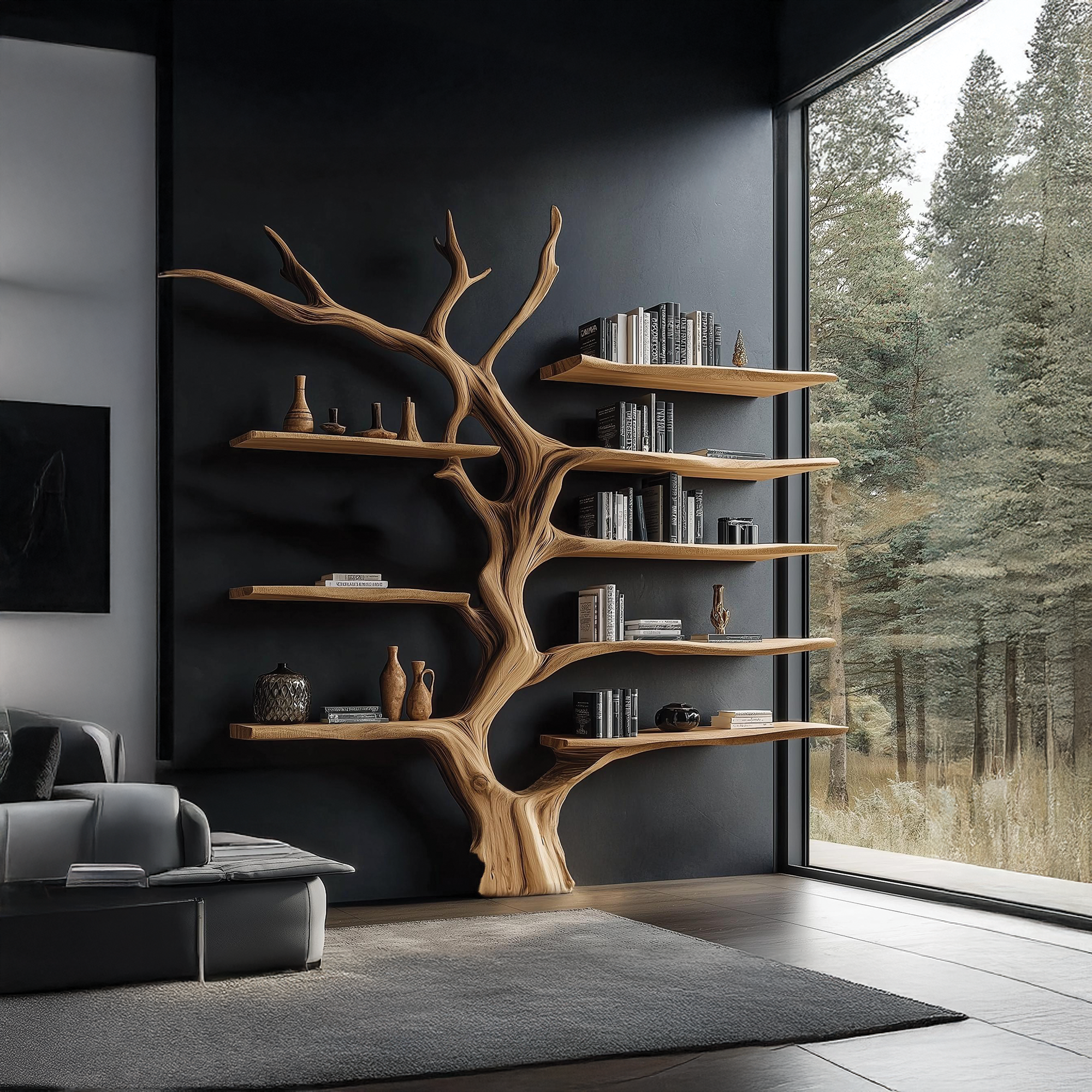 Sculptural Tree Bookcase Artistic Wooden Wall Shelf