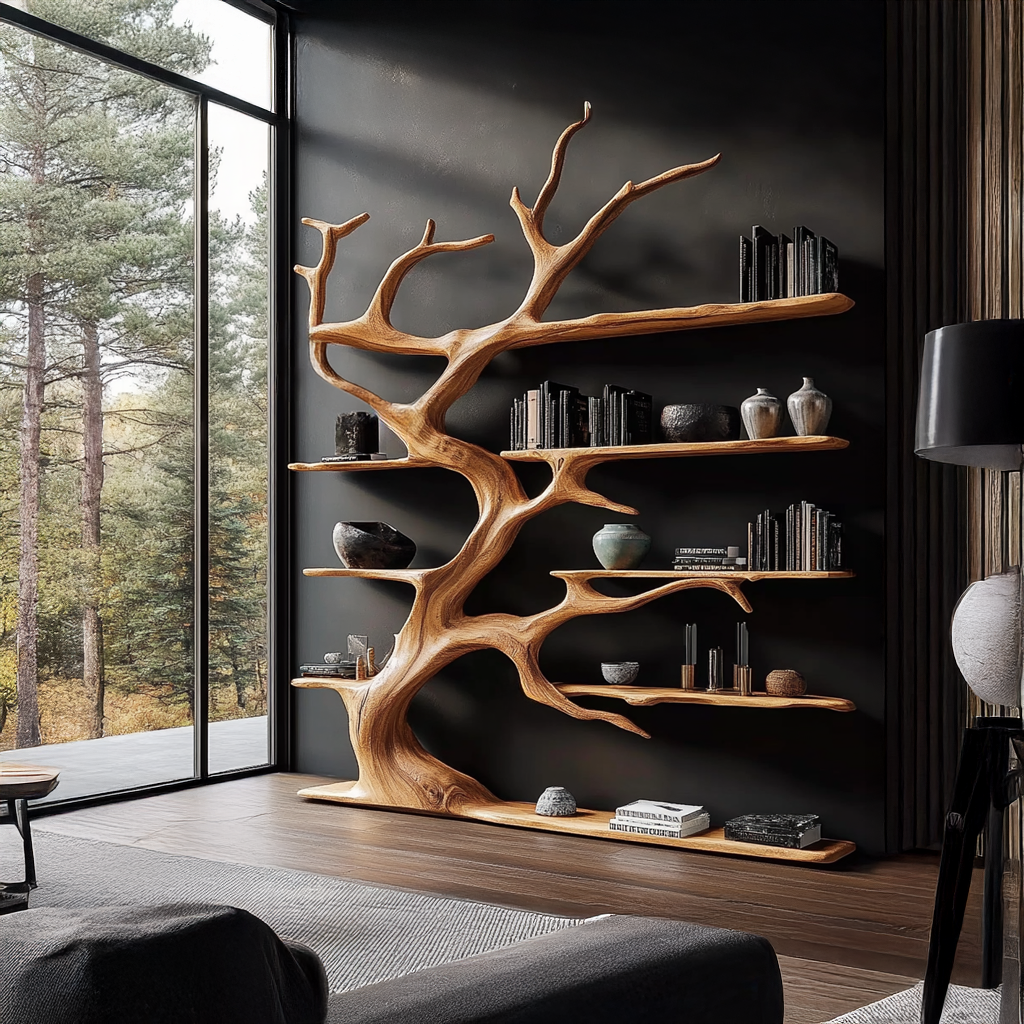 Rustic Tree Branch Bookshelf For Living Room Decor