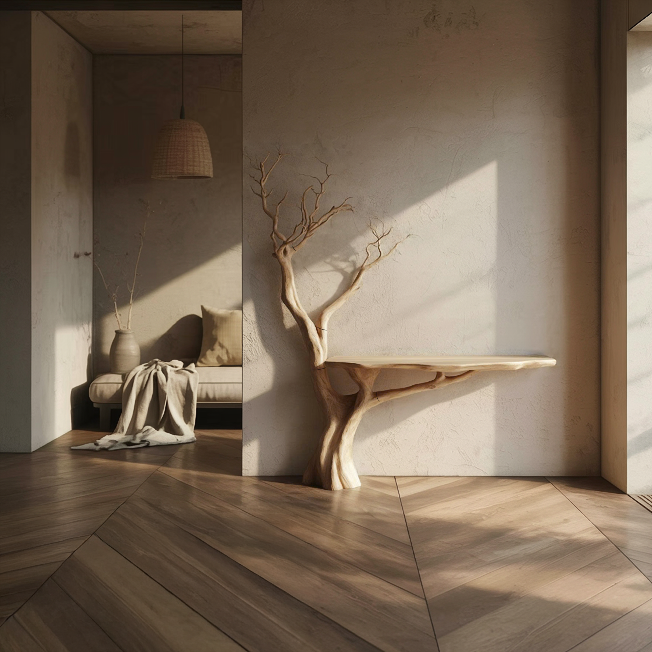 Rustic Console Table Sculpted Wood Tree Hallway Entrance