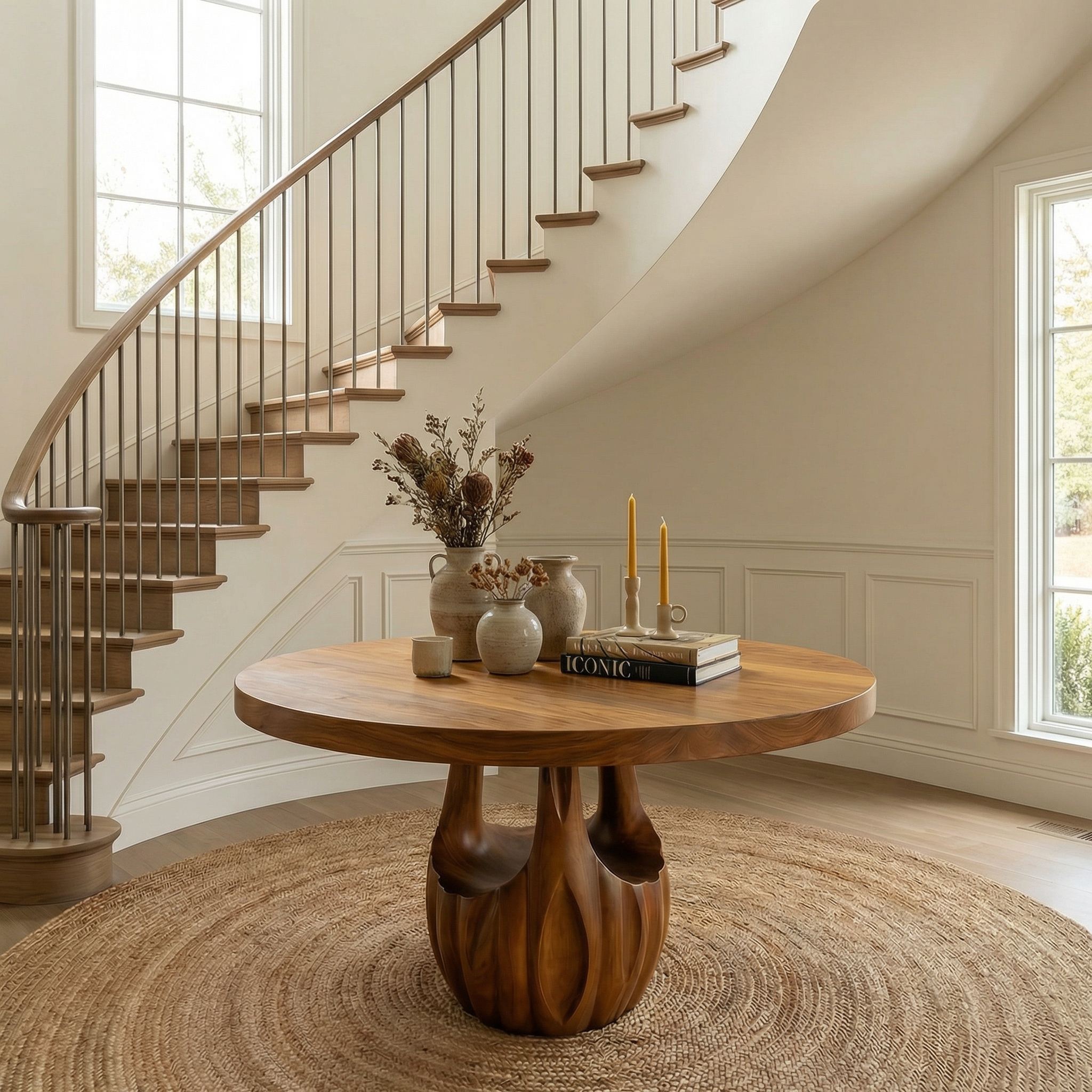 Modern Round Entryway Foyer Table With Unique Sculptural Base For Entryway And Hallway