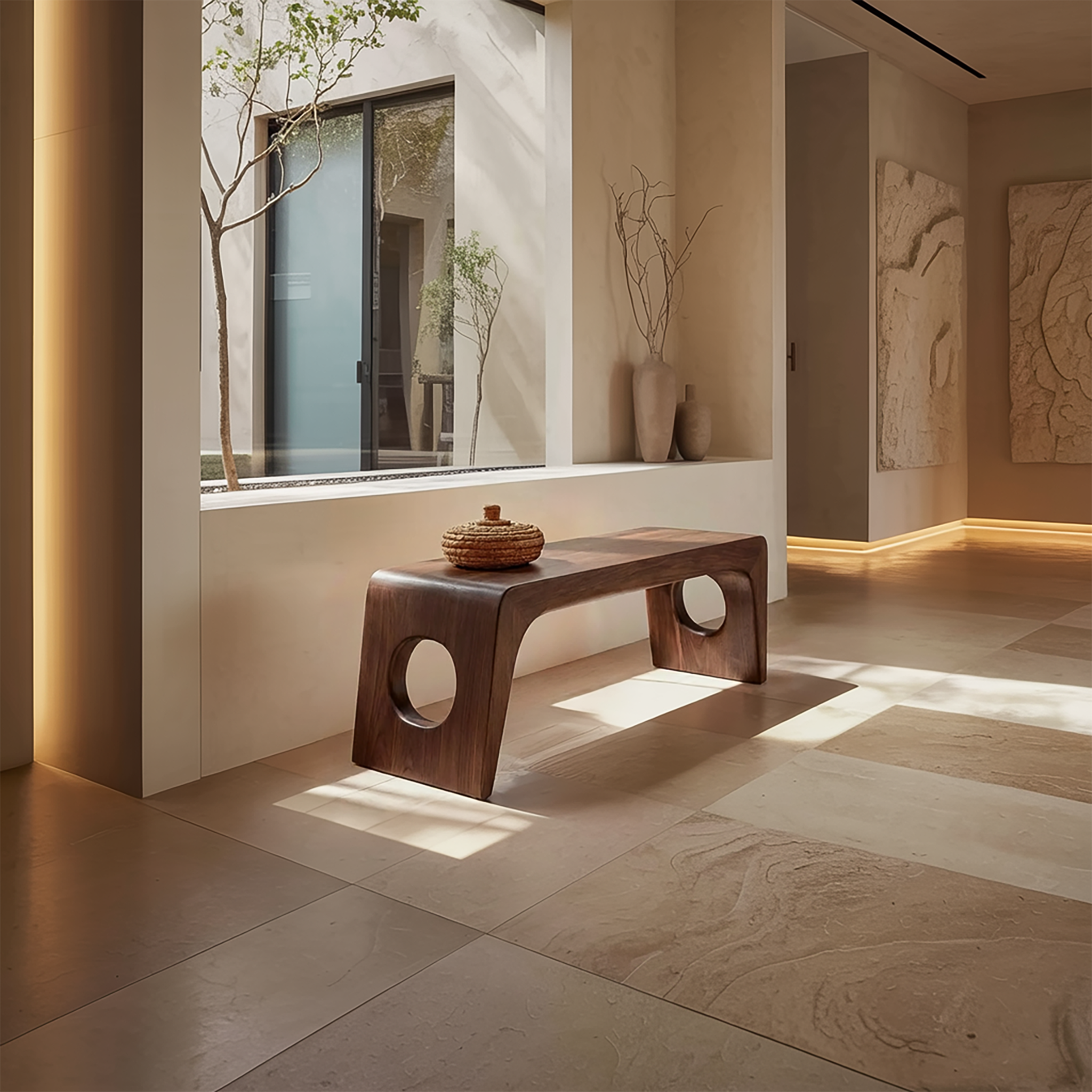 Rustic Minimal Sculptural Bench For Living Room And Hallway