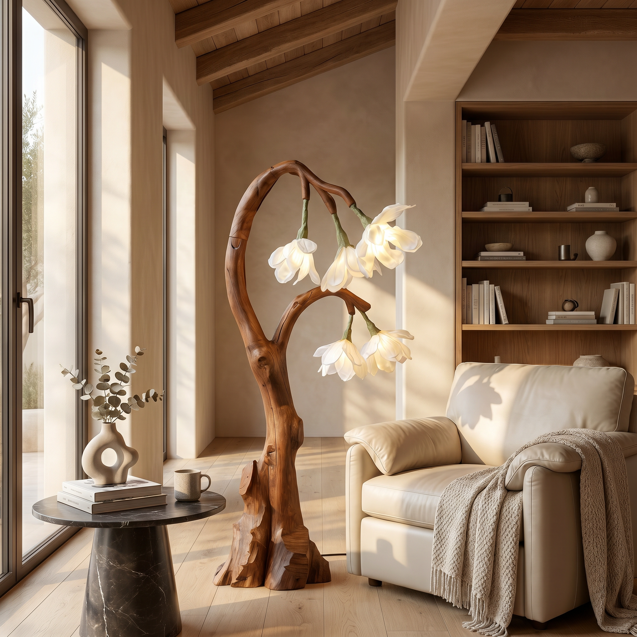 Artistic Floral Floor Lamp With Natural Wood Base For Living Room And Bedroom