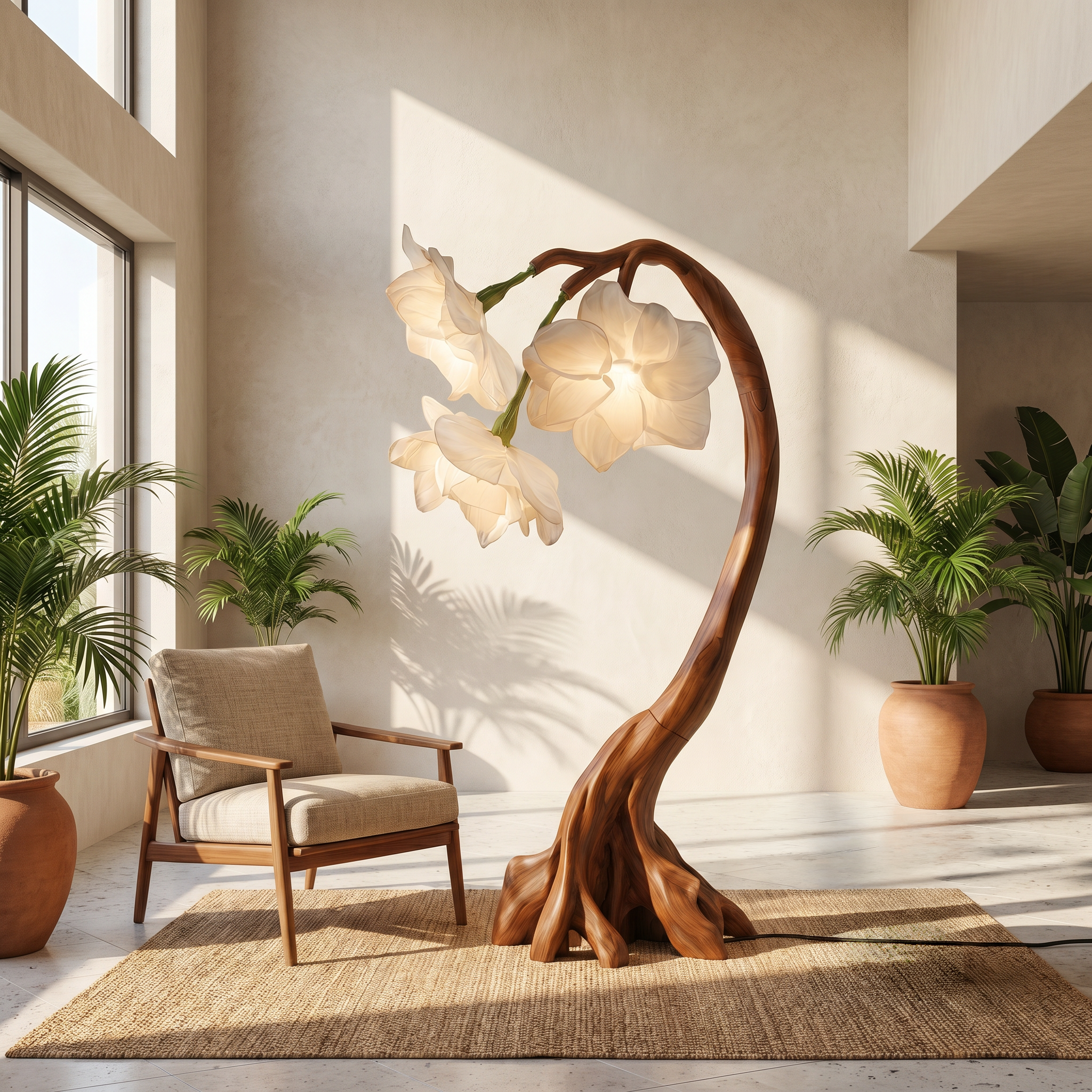 Rustic Botanical Floor Lamp With Flower Petal Shade For Living Room And Bedroom