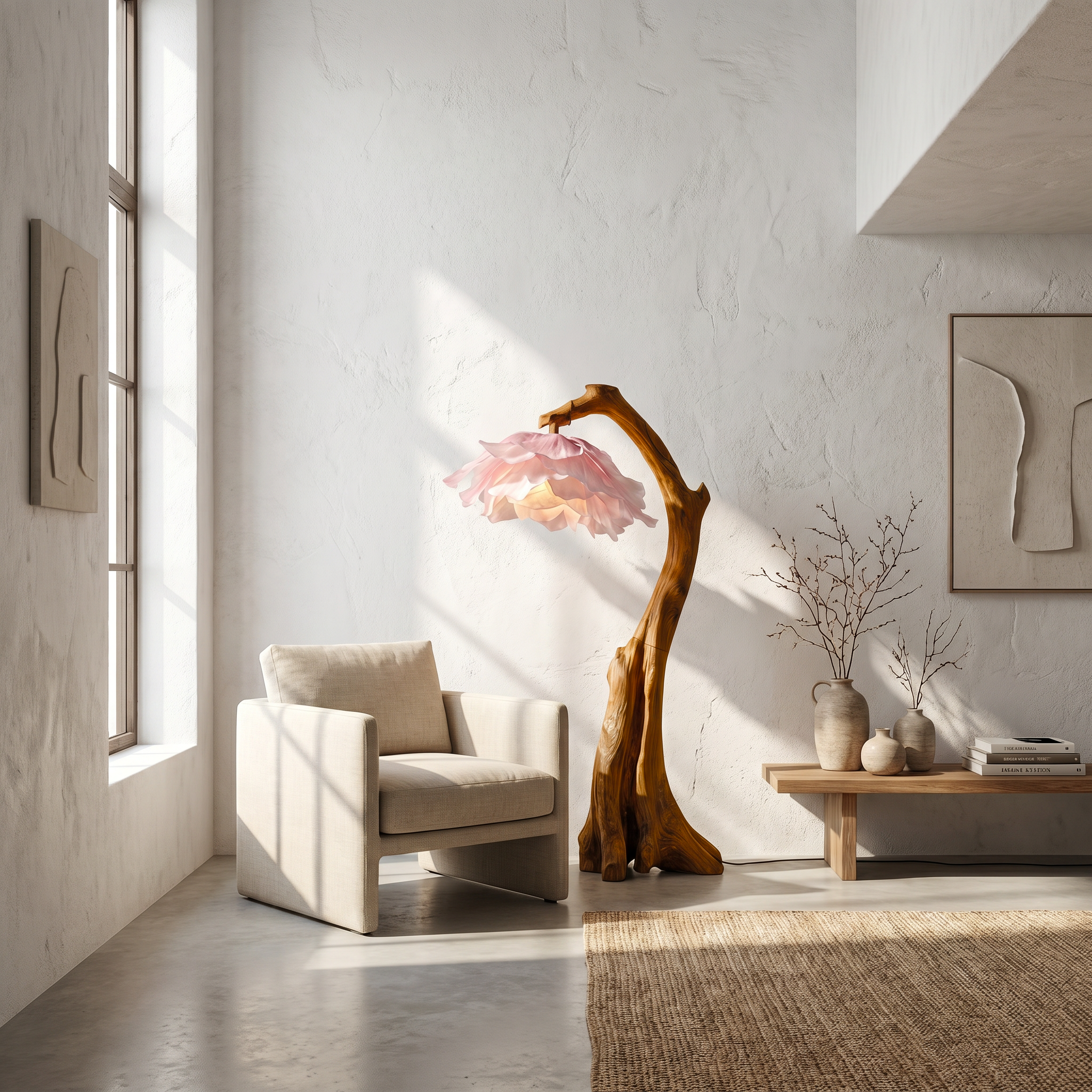 Handmade Flower Floor Lamp With Sculptural Wood Base For Living Room And Bedroom
