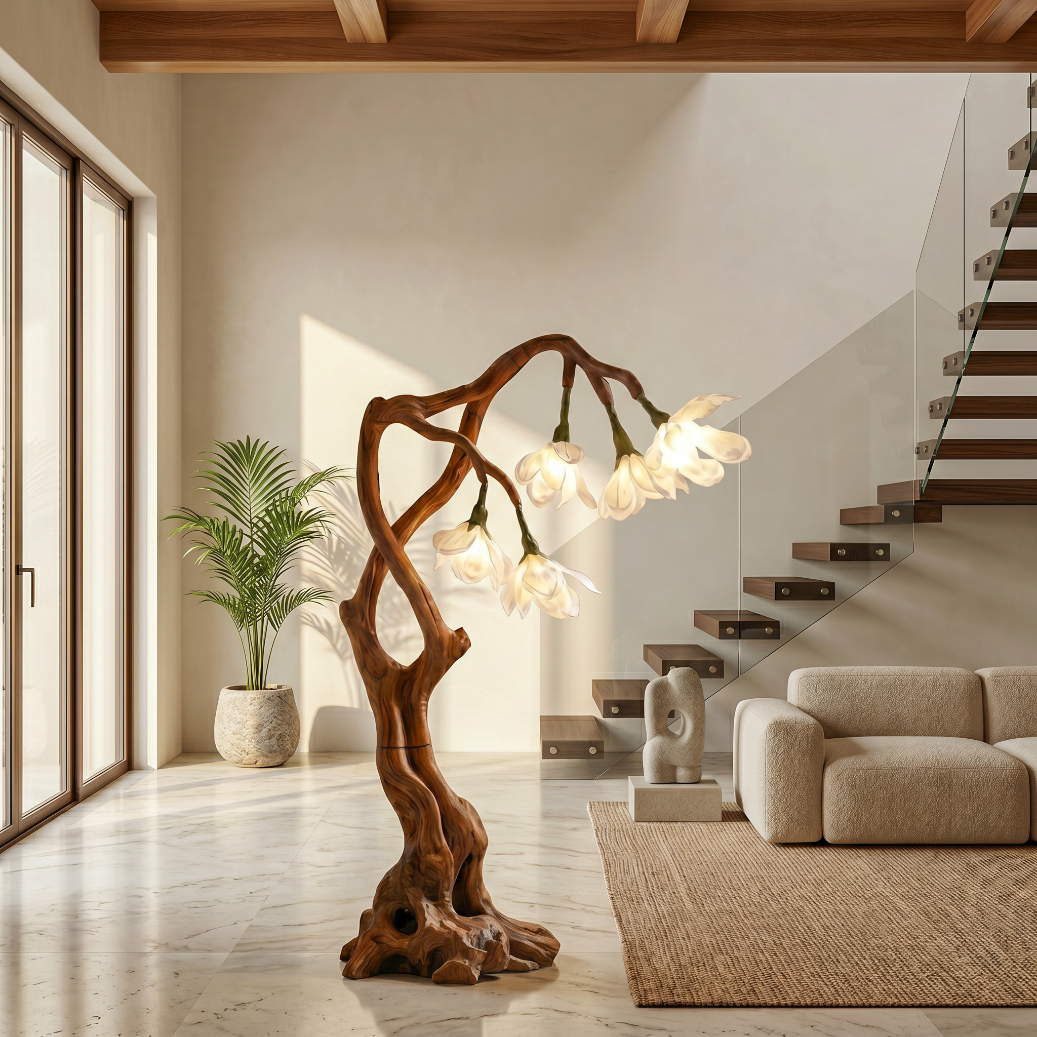 Petal Inspired Floor Lamp With Artistic Wood Base For Living Room And Bedroom