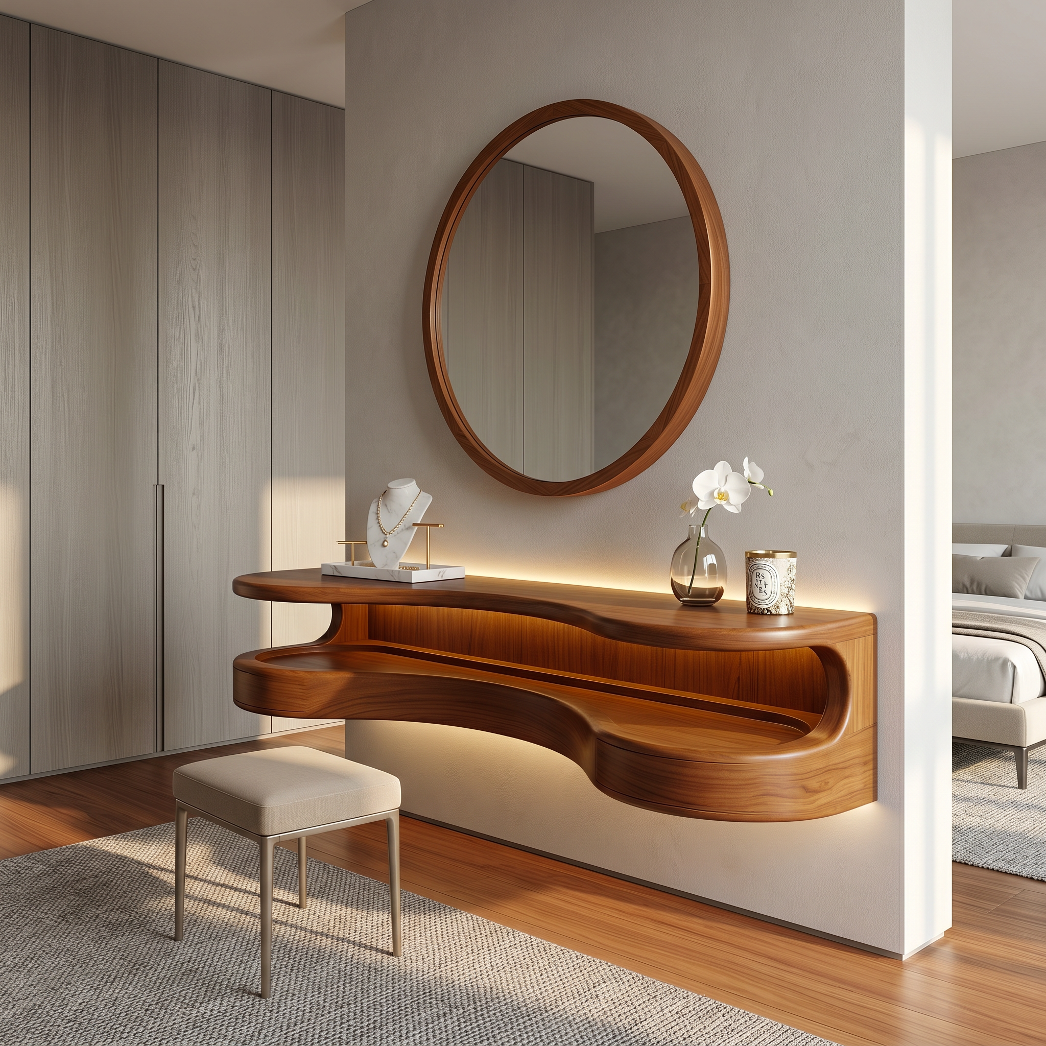 Organic Floating Vanity Desk With Rounded Wood Shelf For Bedroom
