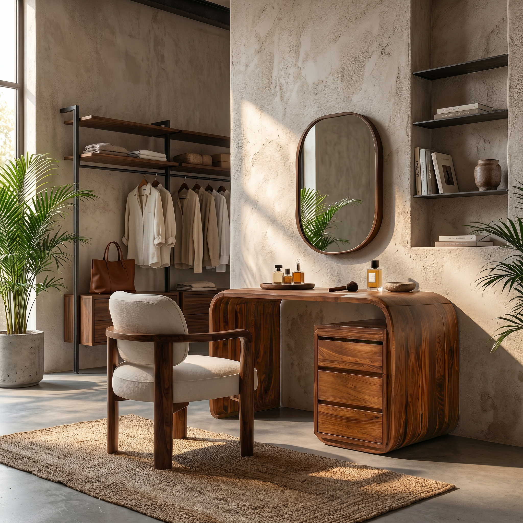 Modern Walnut Vanity Table With Open Shelf Cabinet For Bedroom