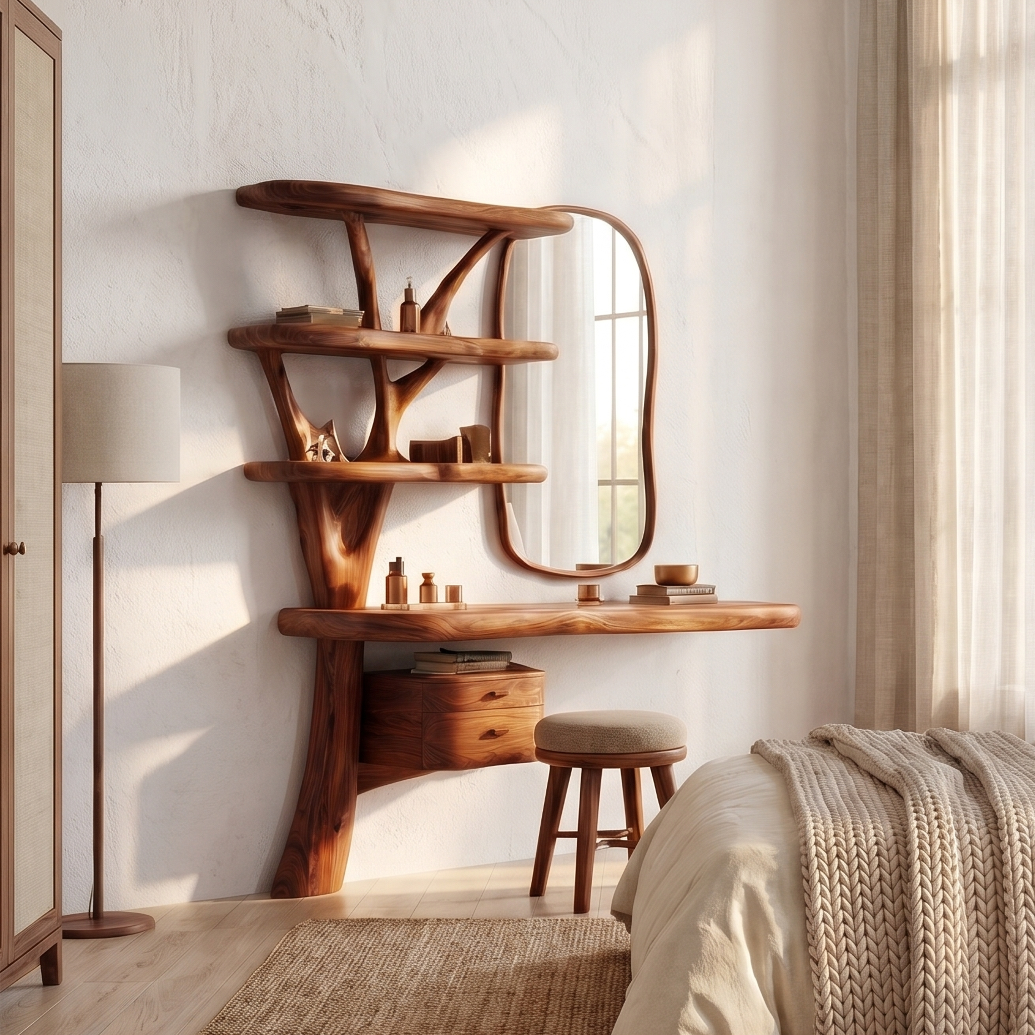 Sculptural Tree Vanity Desk With Curved Wood Shelves For Bedroom