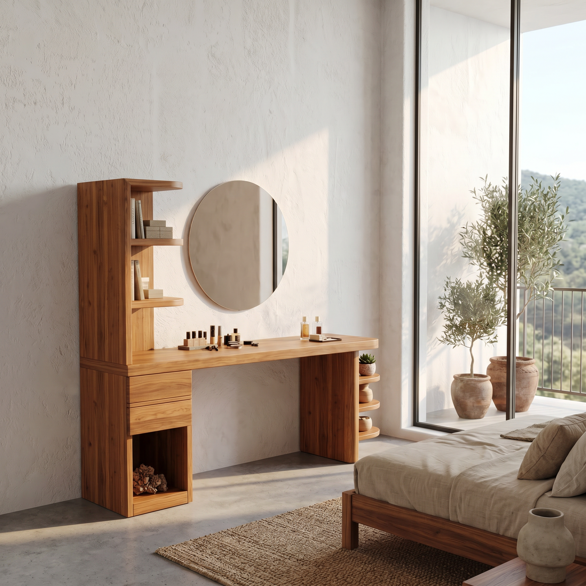 Contemporary Corner Makeup Vanity With Vertical Storage Shelves For Bedroom