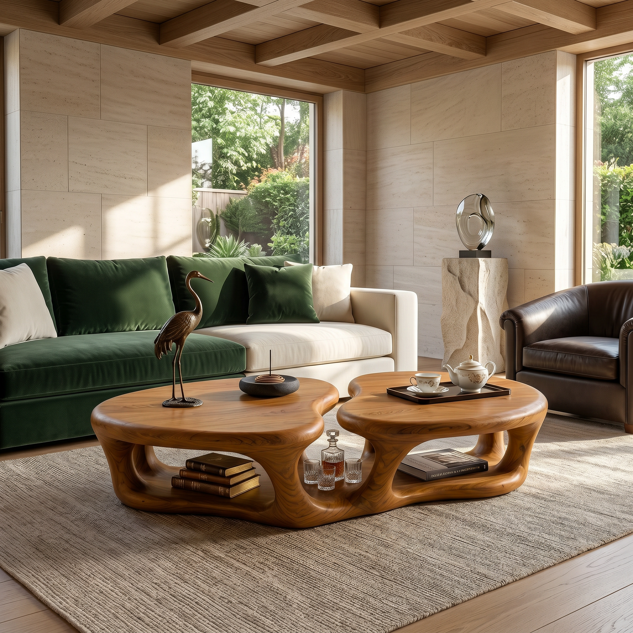 Sculptural Coffee Table With Open Wood Structure For Living Room Decor