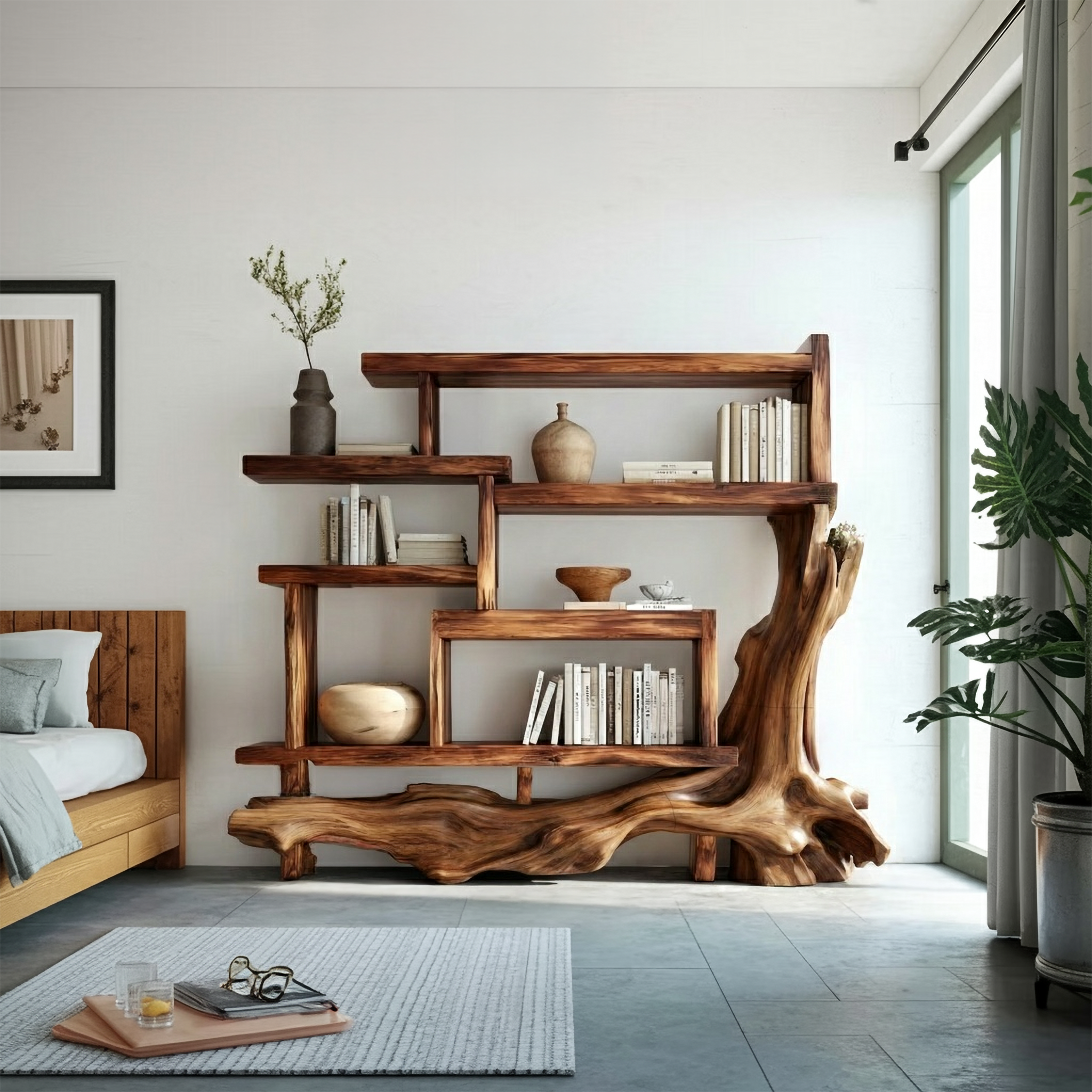 Organic Unique Wood Display Shelf For Living Room And Office