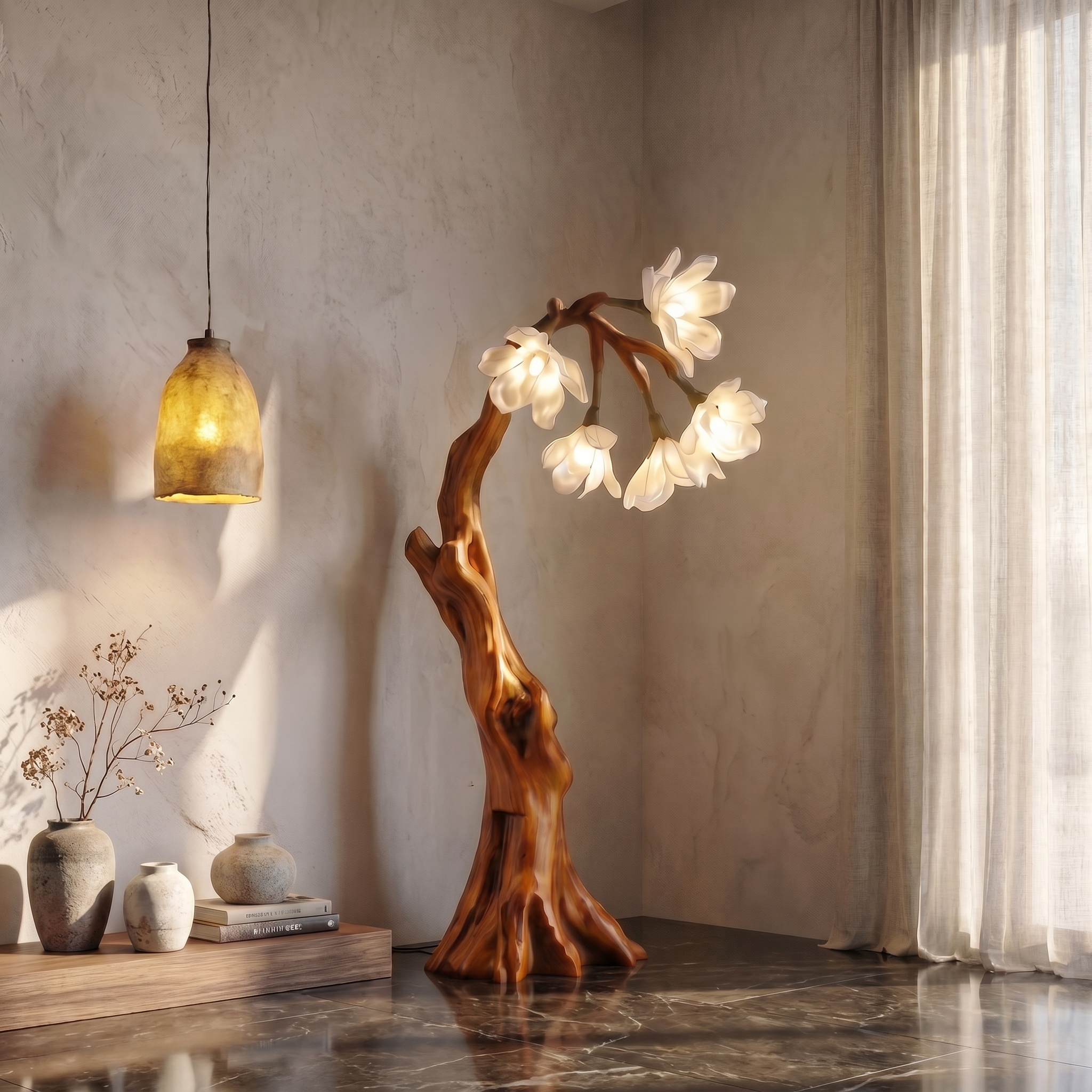 Botanical Standing Lamp With Flower Shade For Living Room And Bedroom