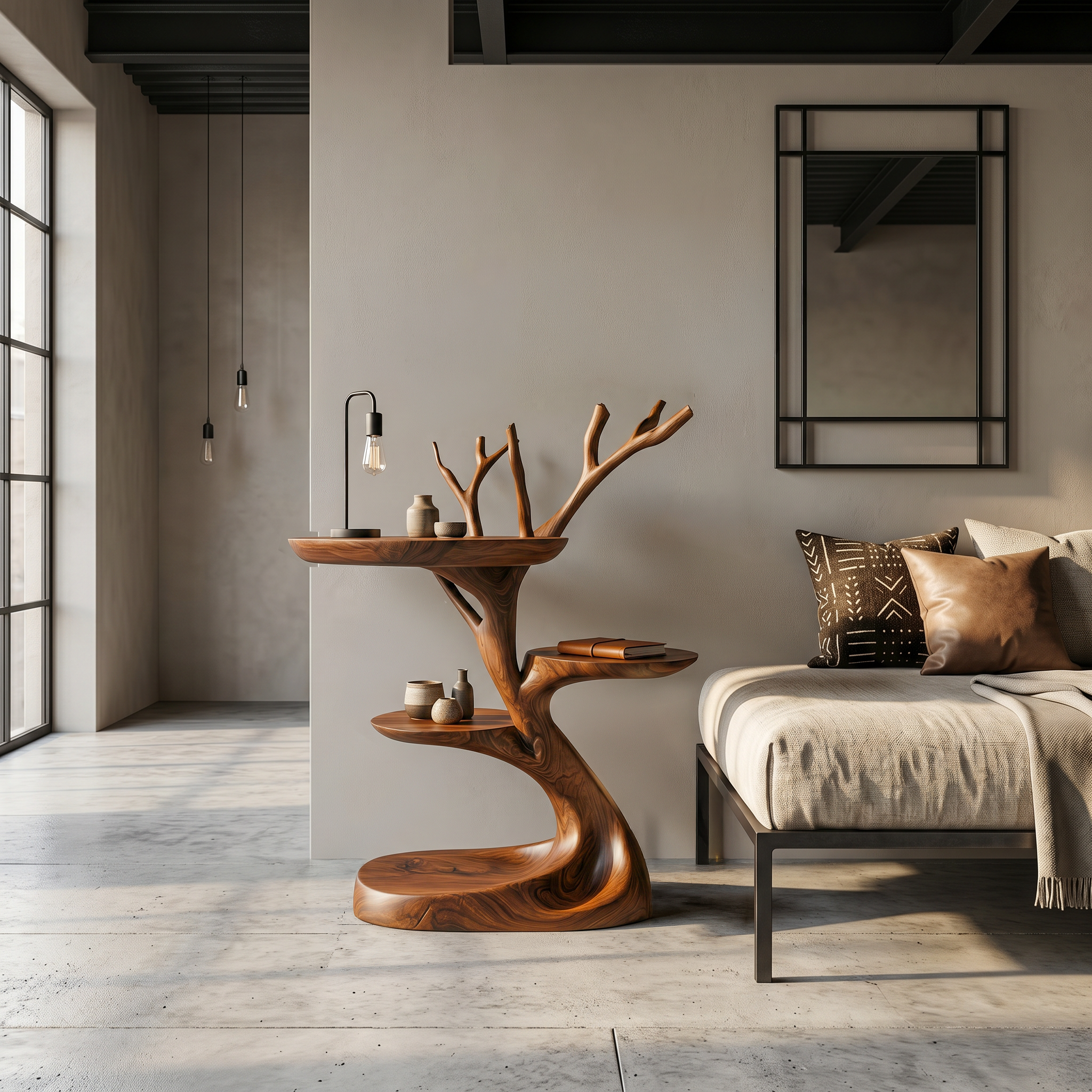 Rustic End Table With Tree Root Design For Bedroom And Living Room