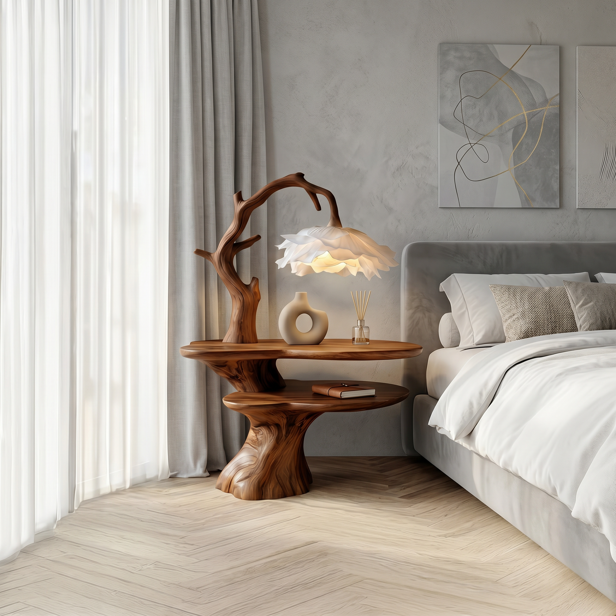 Natural Bedside Table With Floral Lamp And Tree Branch Form For Bedroom And Guest Room