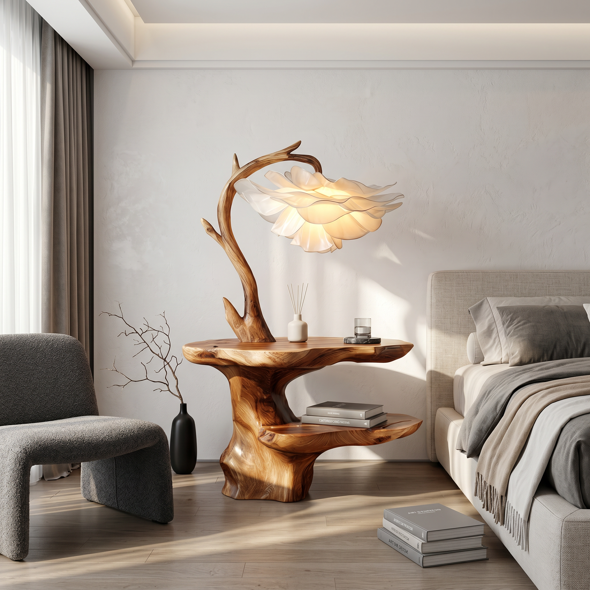Organic End Table With Flower Lamp And Tree Branch Design For Bedroom And Reading Nook