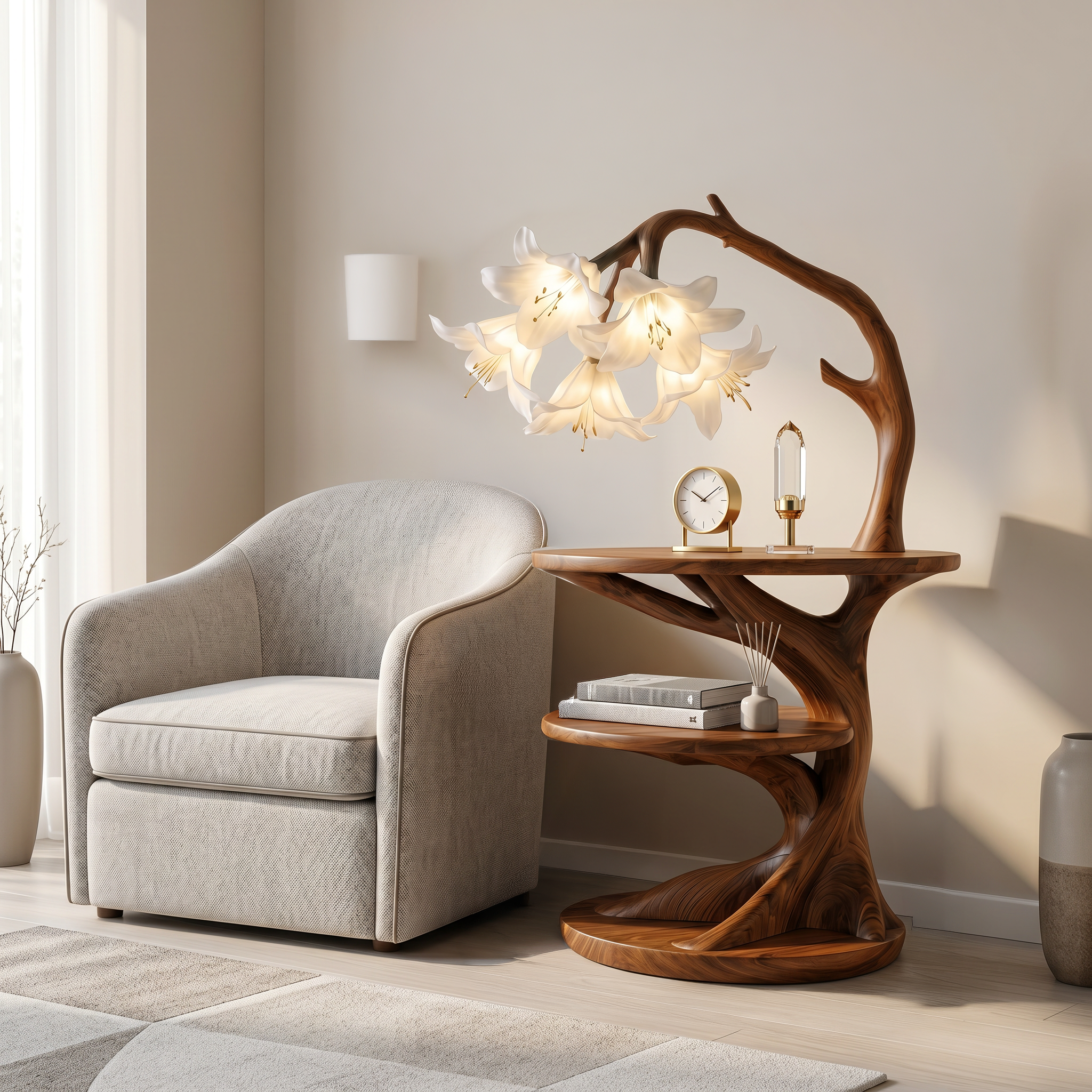 Rustic Side Table With Flower Shade Lamp For Bedroom And Living Room