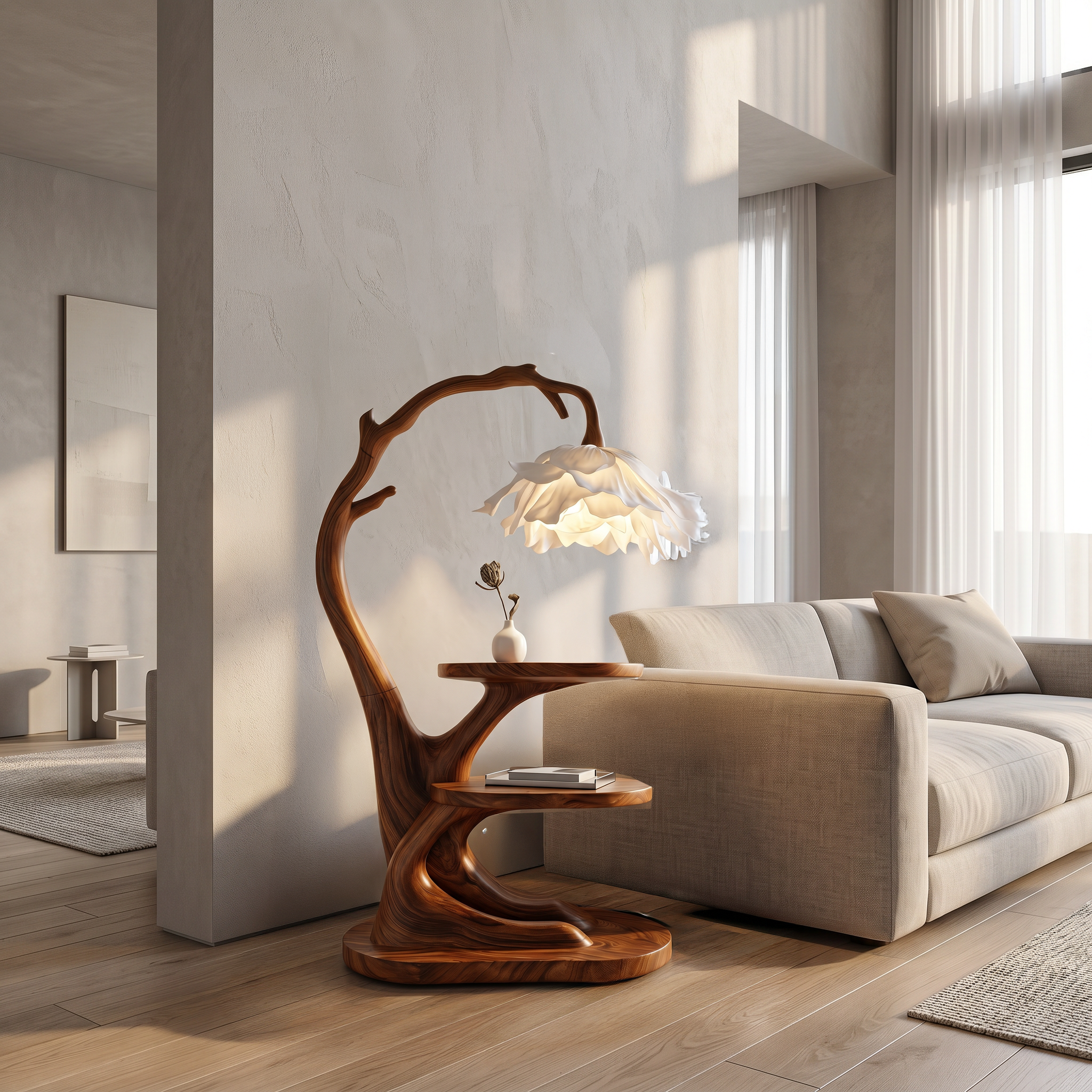 Organic Bedside Table With Sculptural Flower Lamp For Bedroom And Reading Nook
