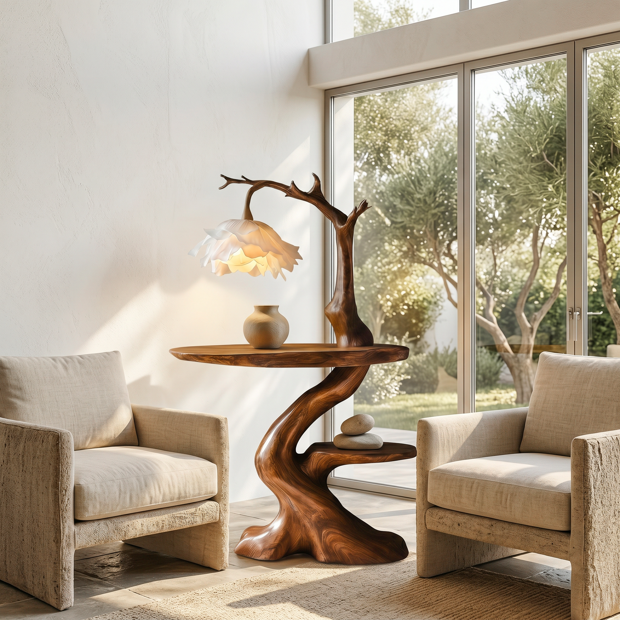 Modern End Table With Tree Branch Lamp Design For Bedroom And Living Room